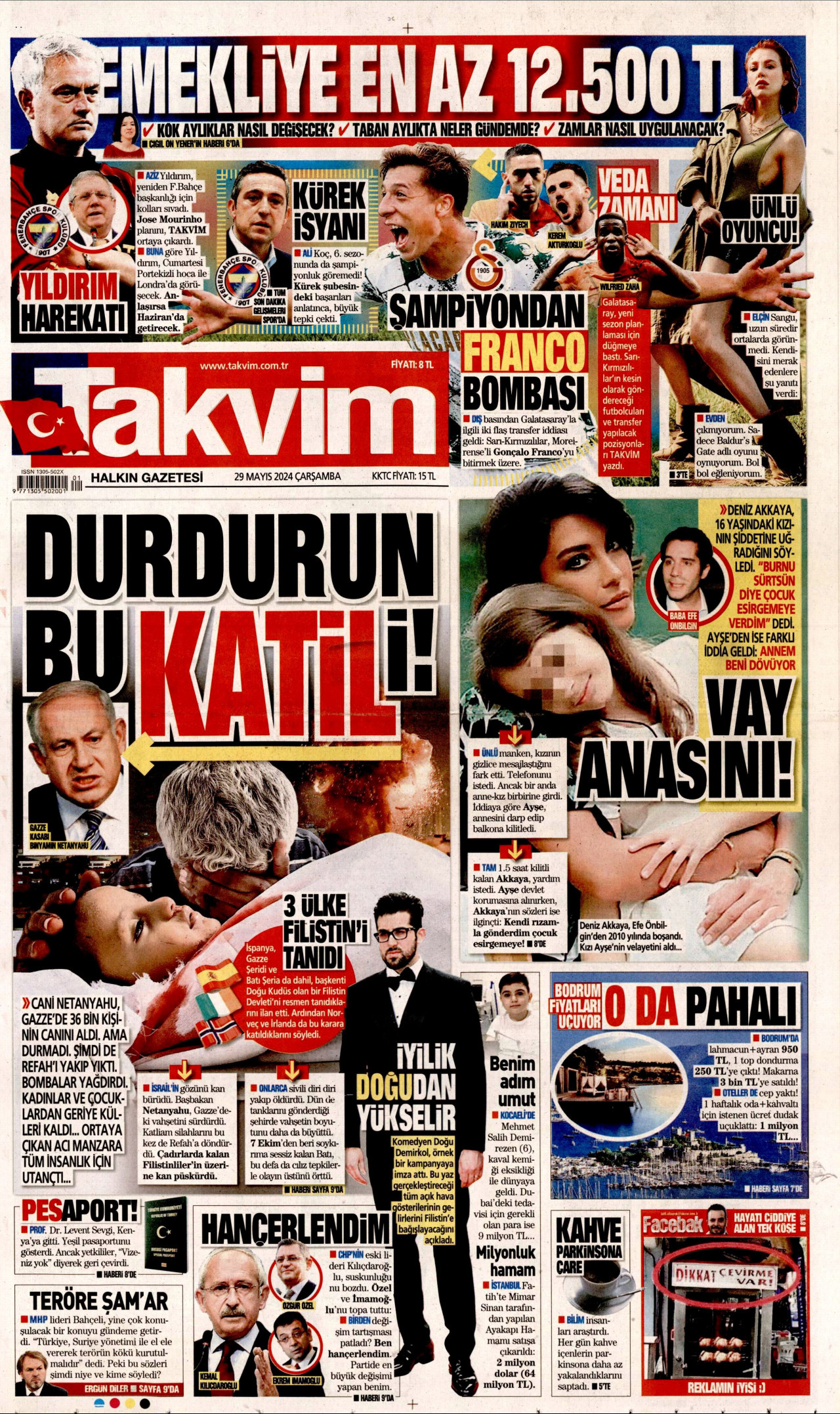 TAKVİM gazetesinin 29 Mayıs 2024 tarihli birinci sayfası
