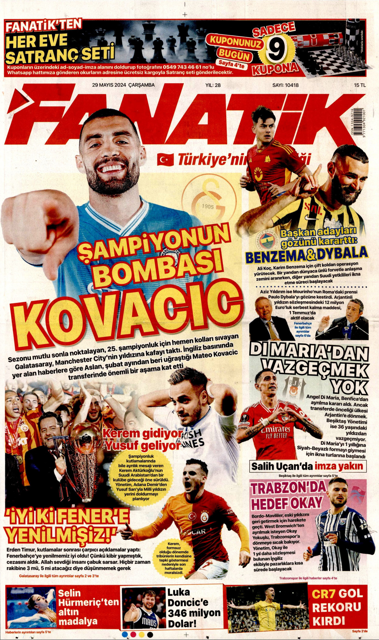 FANATİK gazetesinin 29 Mayıs 2024 tarihli birinci sayfası