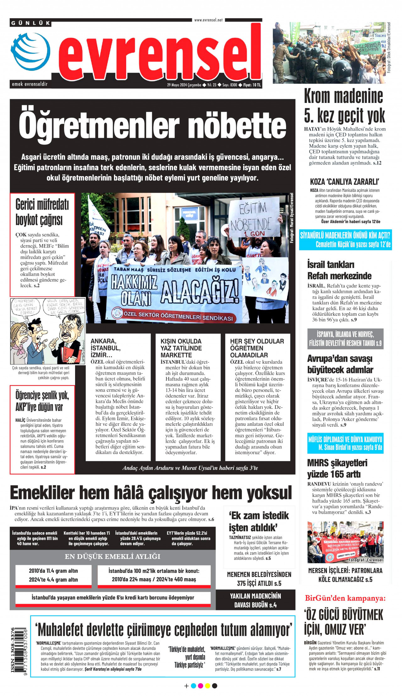 EVRENSEL gazetesinin 29 Mayıs 2024 tarihli birinci sayfası