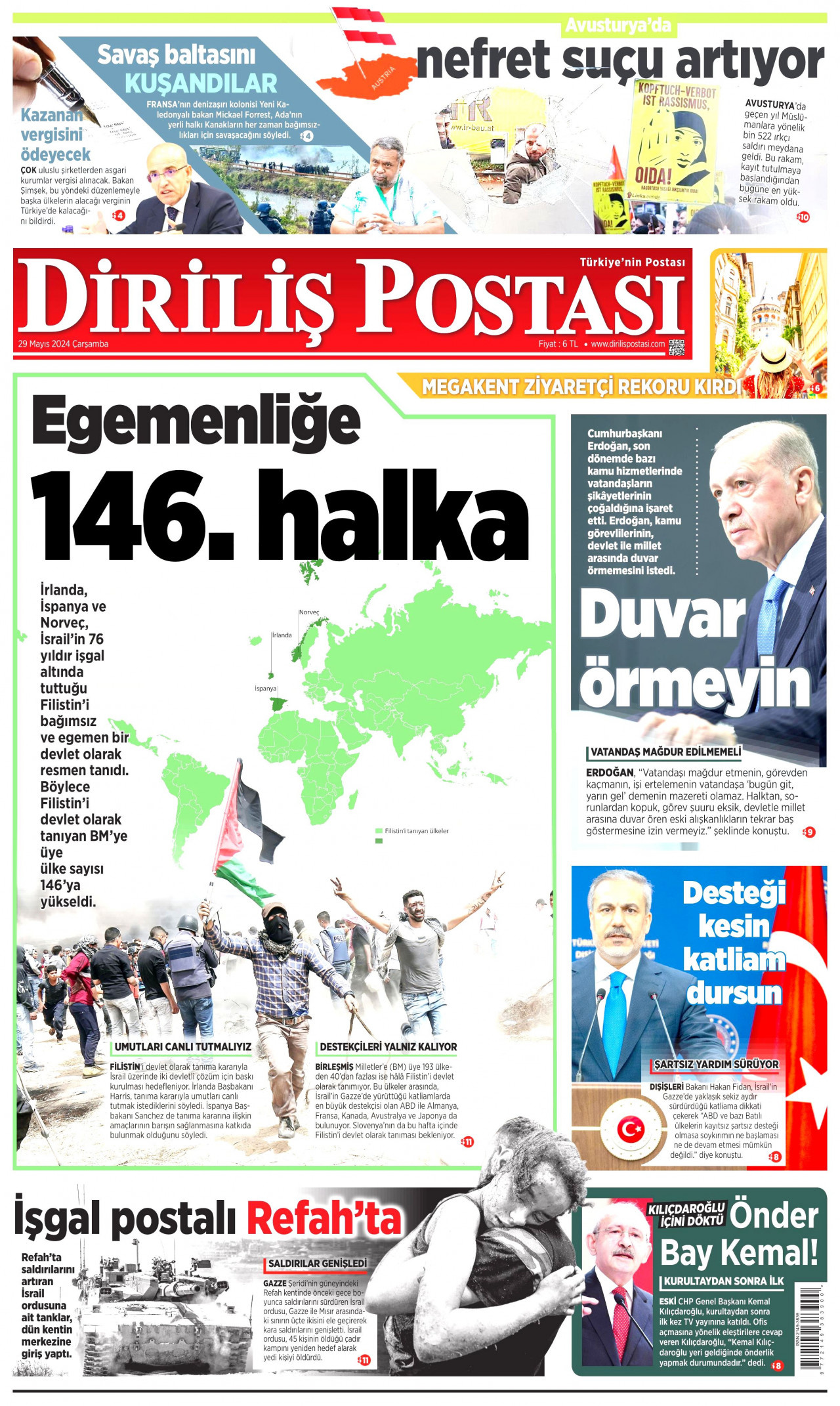 DİRİLİŞ POSTASI gazetesinin 29 Mayıs 2024 tarihli birinci sayfası