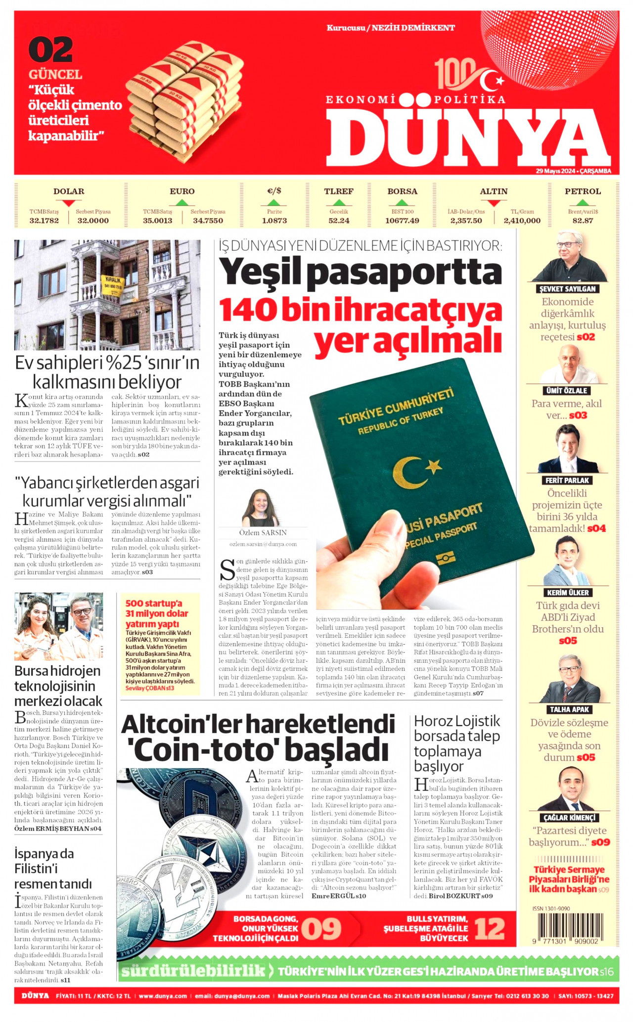 DÜNYA gazetesinin 29 Mayıs 2024 tarihli birinci sayfası