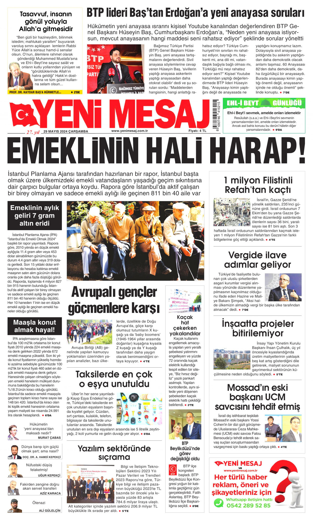 YENİ MESAJ gazetesinin 29 Mayıs 2024 tarihli birinci sayfası
