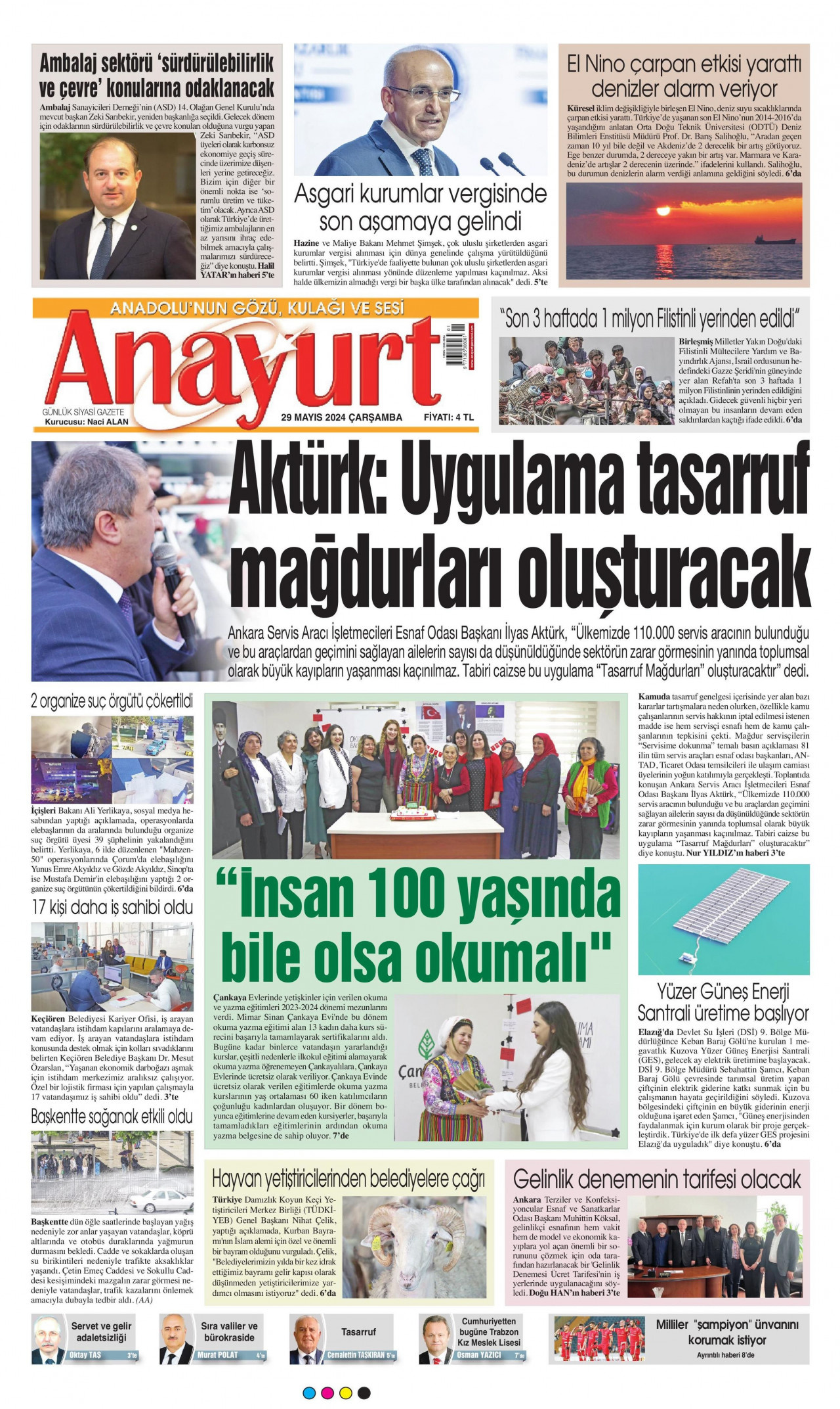 ANAYURT gazetesinin 29 Mayıs 2024 tarihli birinci sayfası