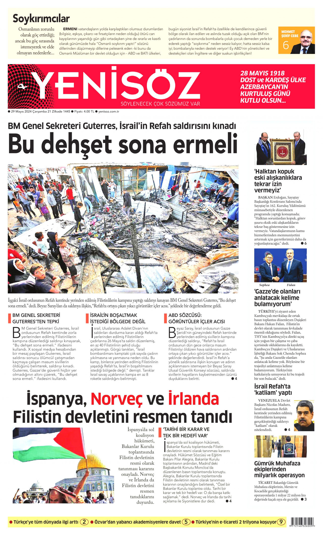 YENİ SÖZ GAZETESİ gazetesinin 29 Mayıs 2024 tarihli birinci sayfası