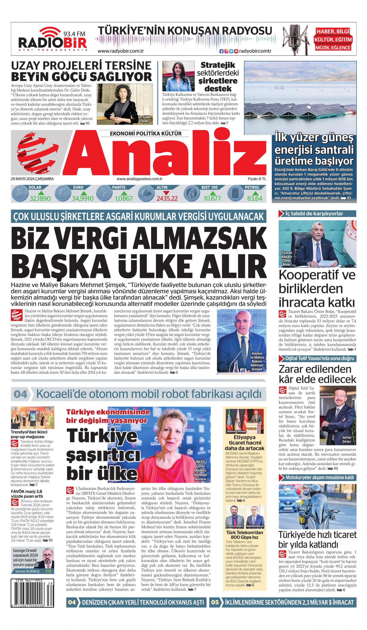 ANALİZ gazetesinin 29 Mayıs 2024 tarihli birinci sayfası
