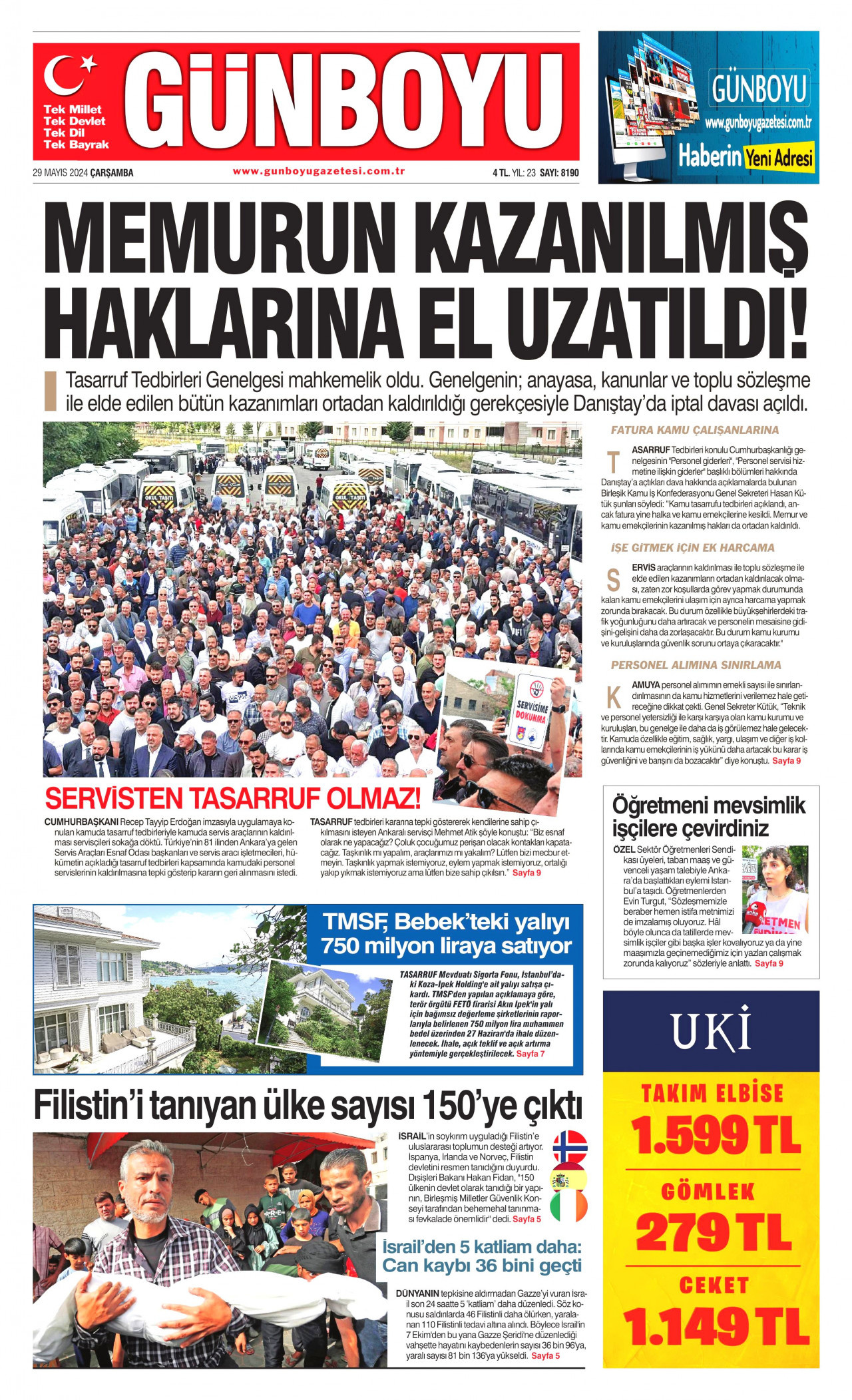 GÜNBOYU gazetesinin 29 Mayıs 2024 tarihli birinci sayfası