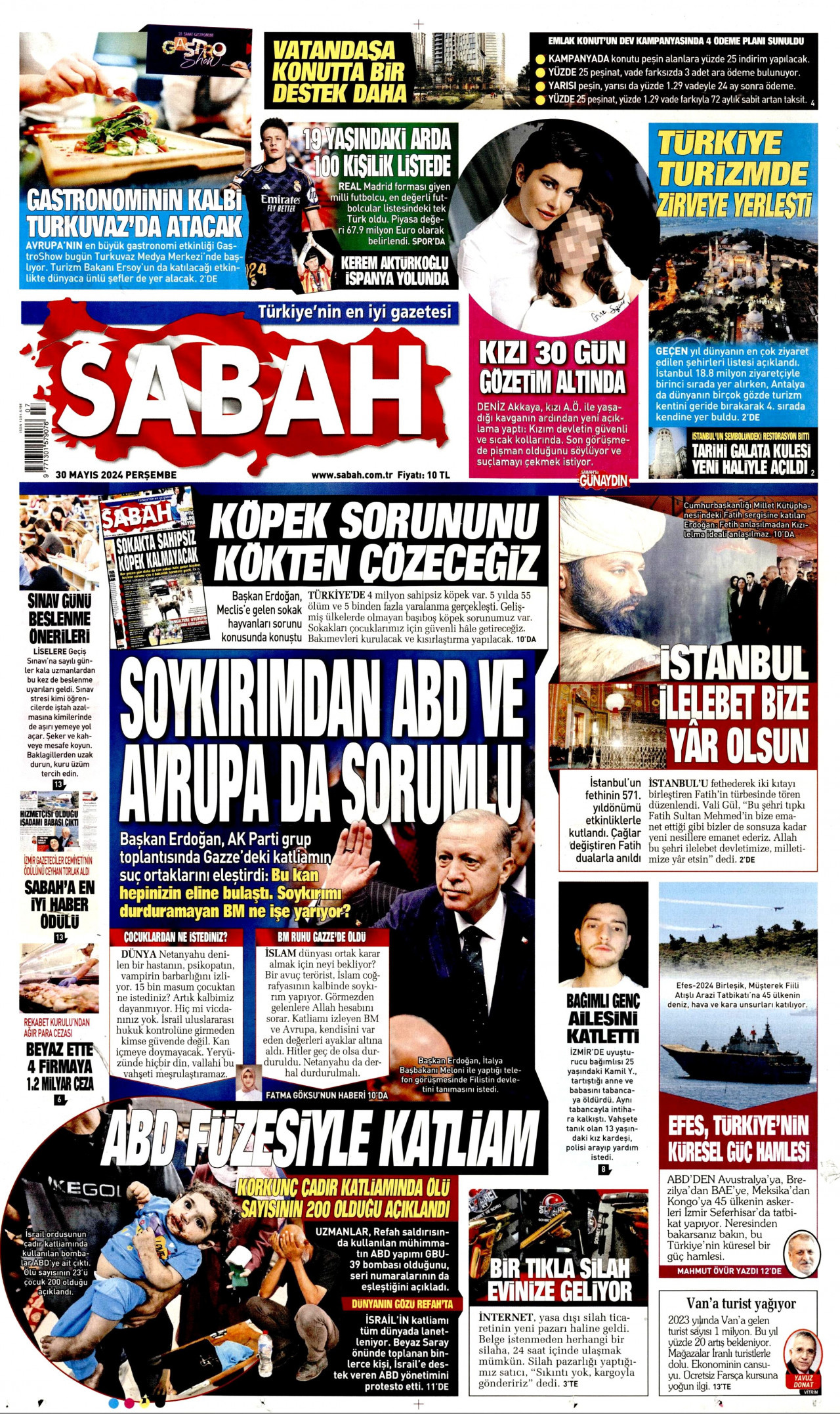 SABAH gazetesinin 30 Mayıs 2024 tarihli birinci sayfası