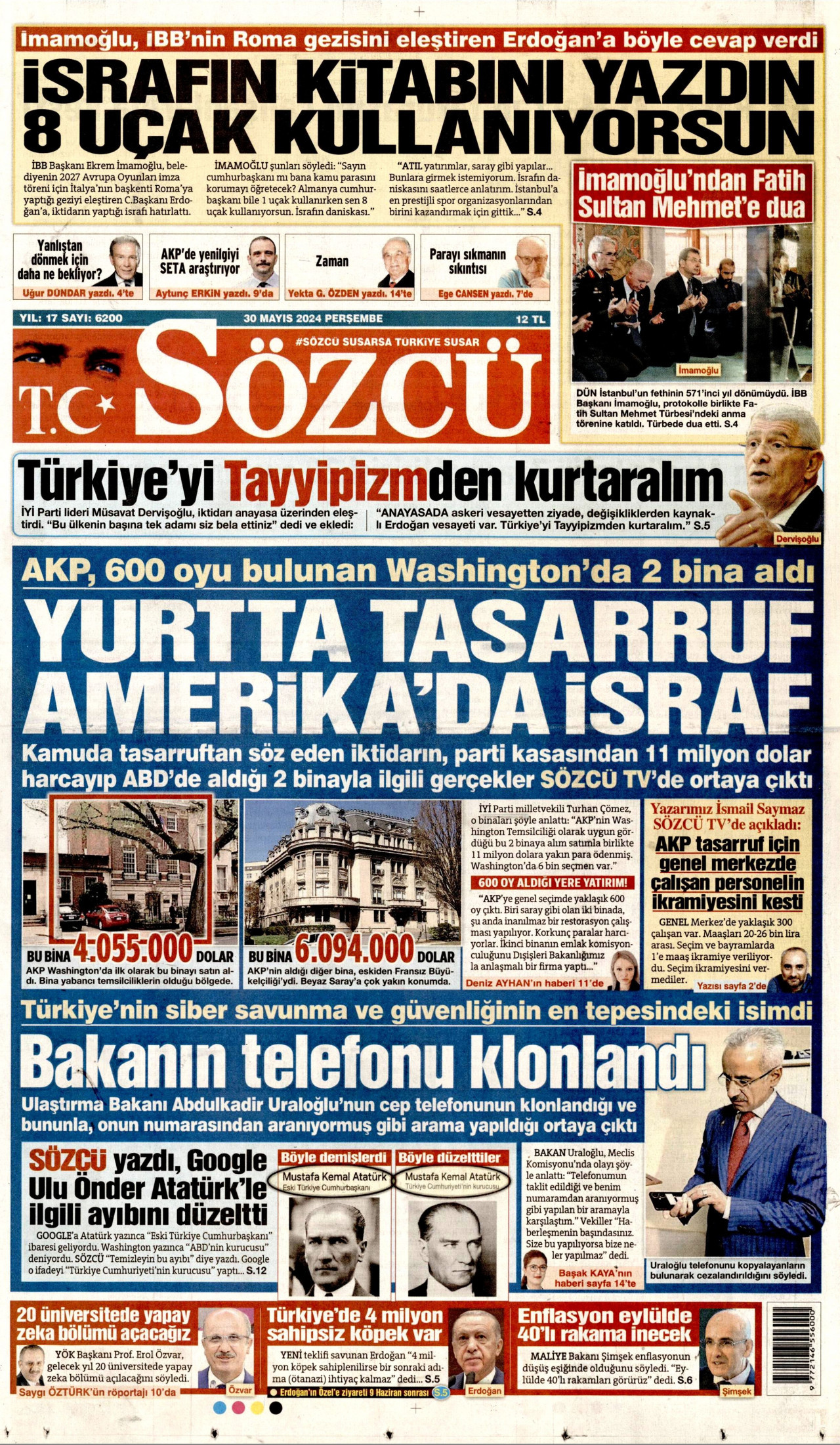 SÖZCÜ gazetesinin 30 Mayıs 2024 tarihli birinci sayfası