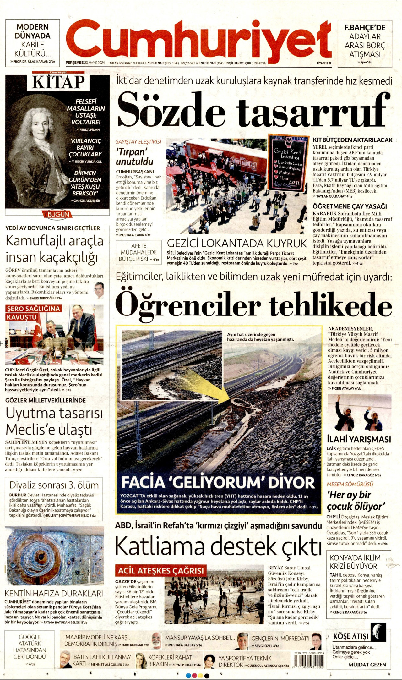 CUMHURİYET gazetesinin 30 Mayıs 2024 tarihli birinci sayfası