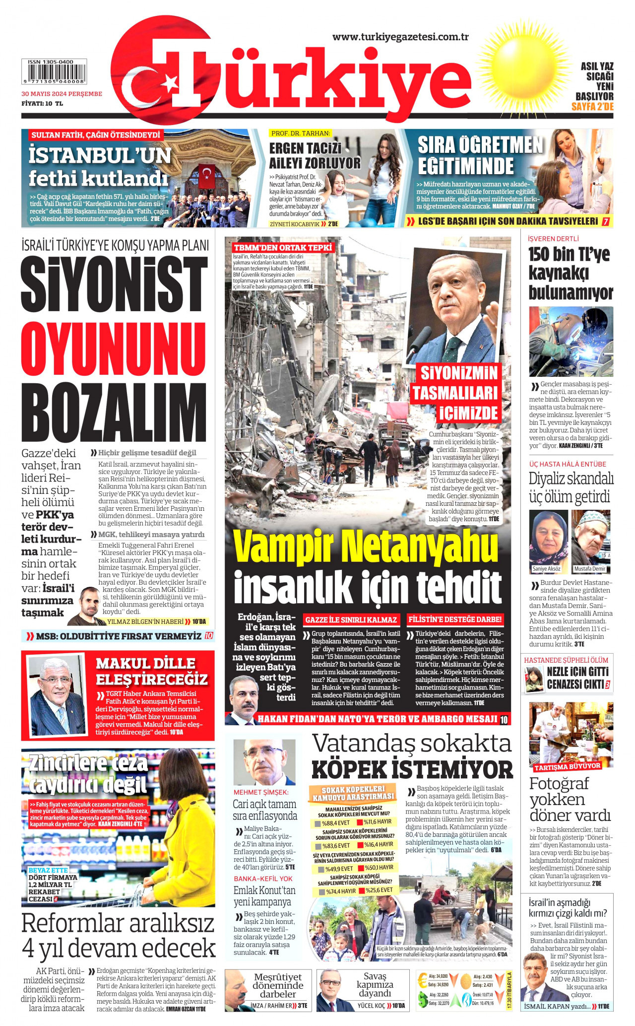 TÜRKİYE GAZETESİ gazetesinin 30 Mayıs 2024 tarihli birinci sayfası