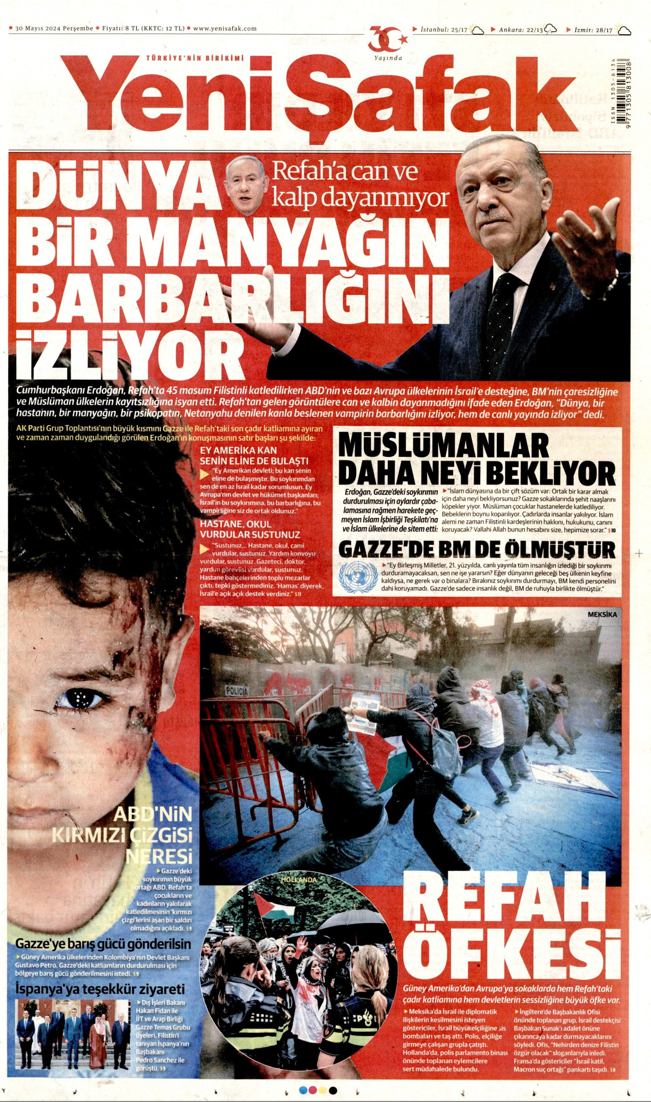 YENİ ŞAFAK gazetesinin 30 Mayıs 2024 tarihli birinci sayfası