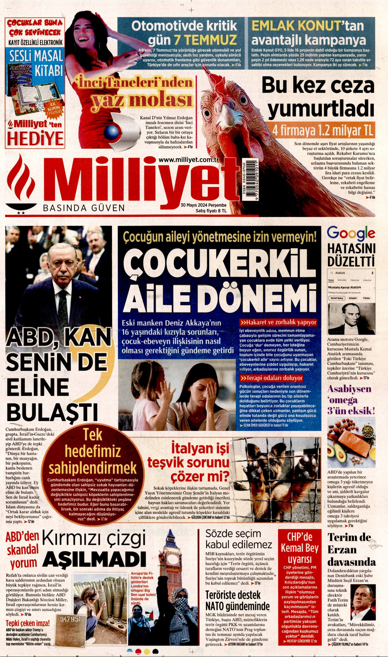 MİLLİYET gazetesinin 30 Mayıs 2024 tarihli birinci sayfası