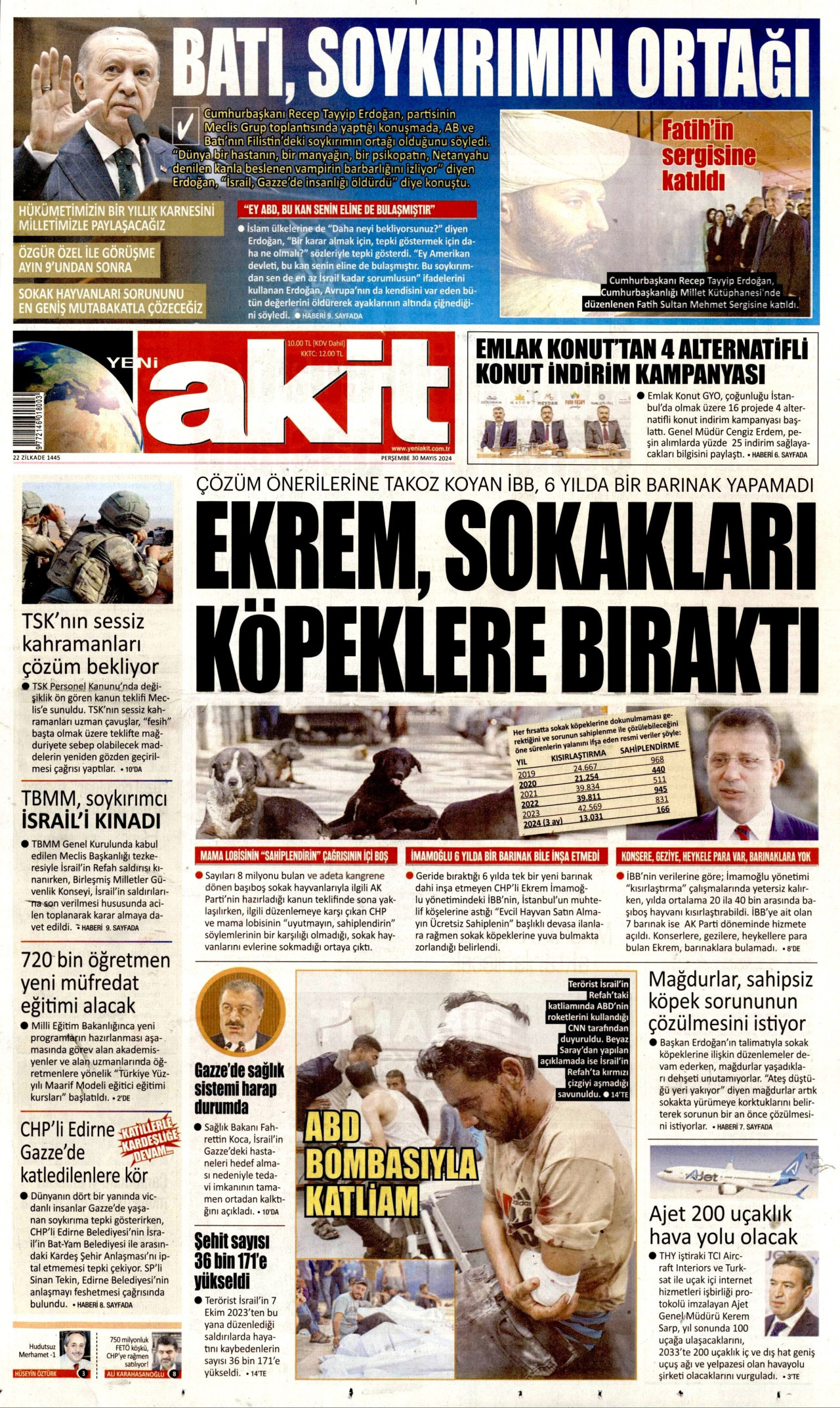 YENİ AKİT gazetesinin 30 Mayıs 2024 tarihli birinci sayfası