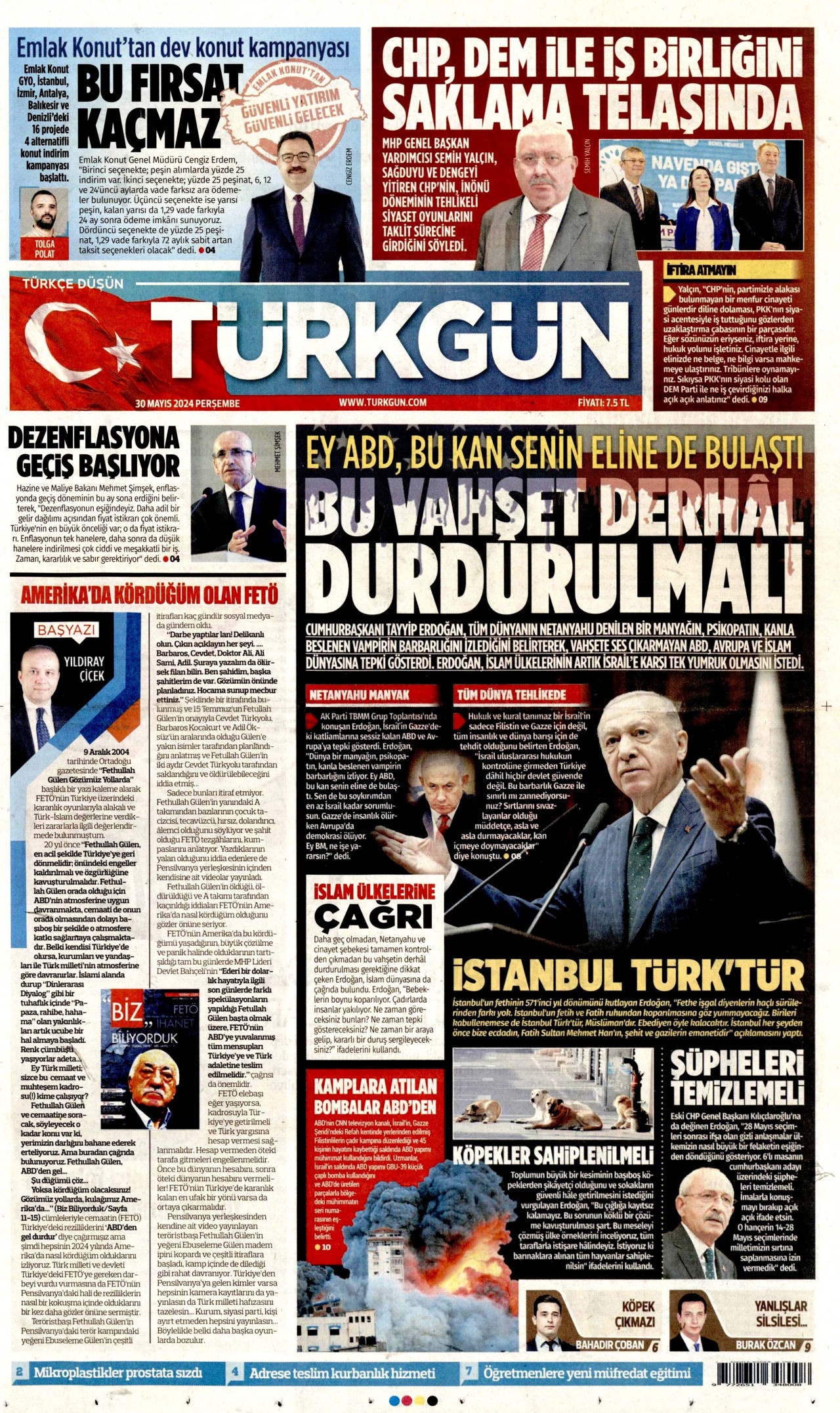 TÜRKGÜN gazetesinin 30 Mayıs 2024 tarihli birinci sayfası
