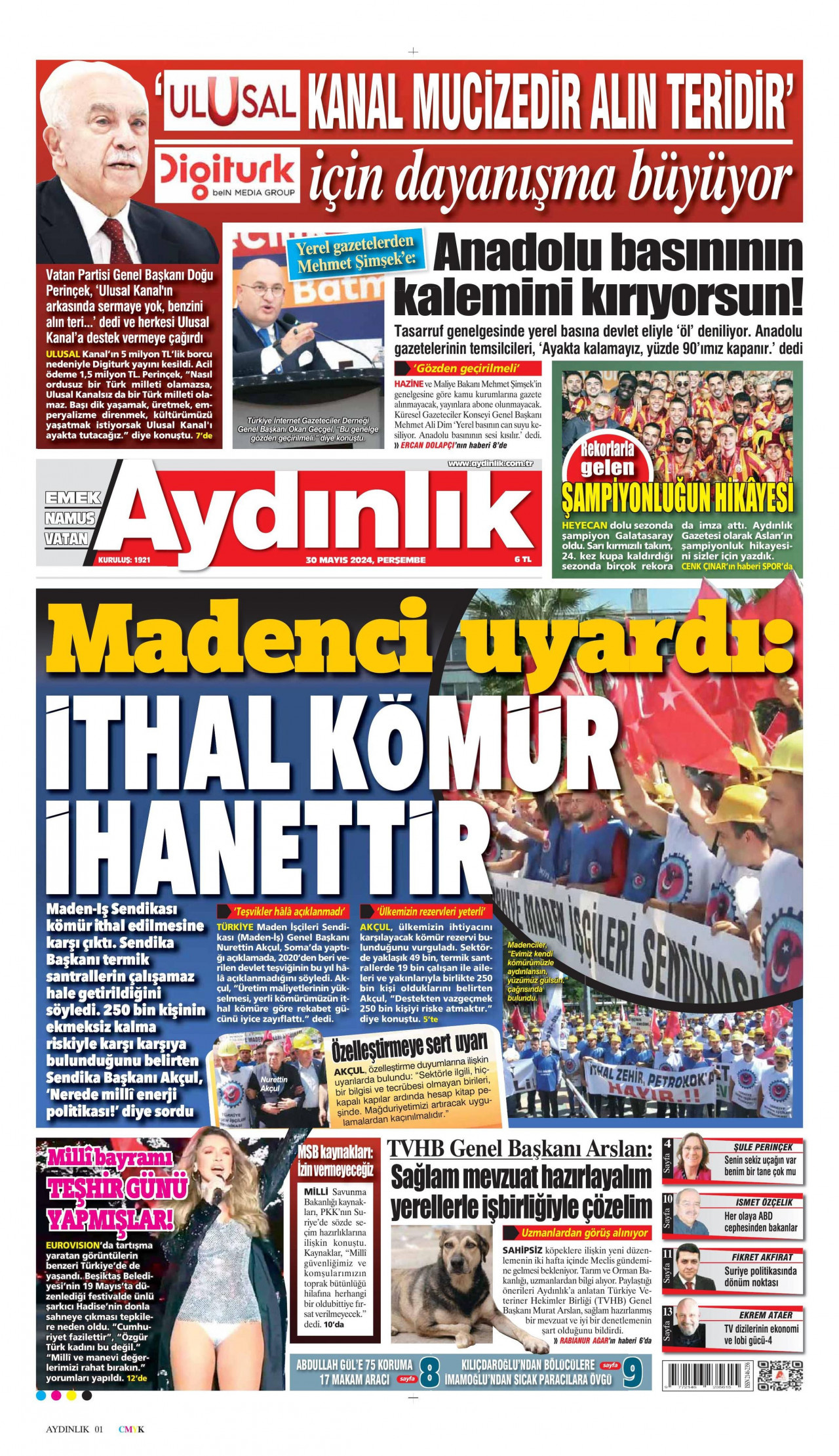 AYDINLIK GAZETESİ gazetesinin 30 Mayıs 2024 tarihli birinci sayfası