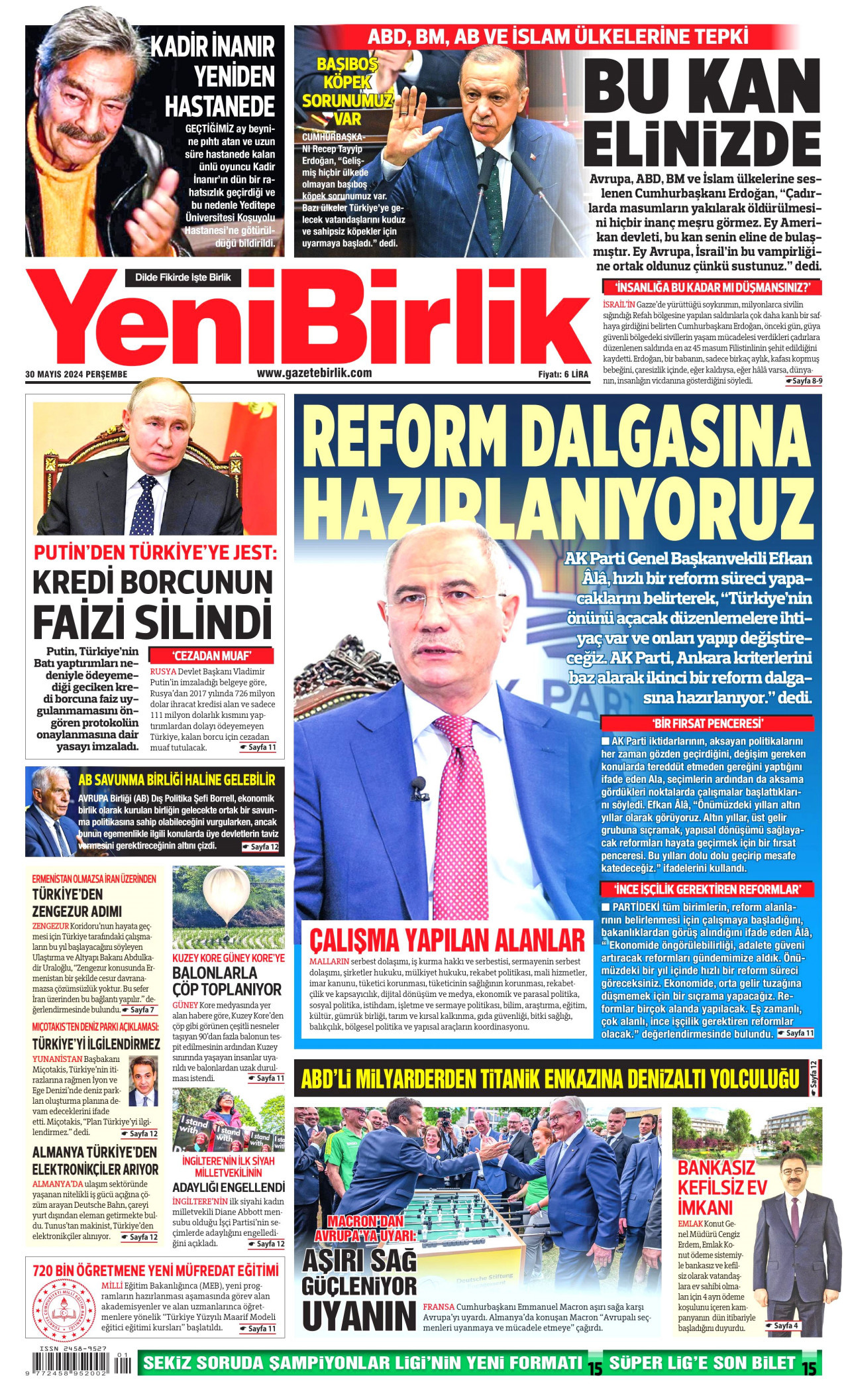 YENİBİRLİK gazetesinin 30 Mayıs 2024 tarihli birinci sayfası