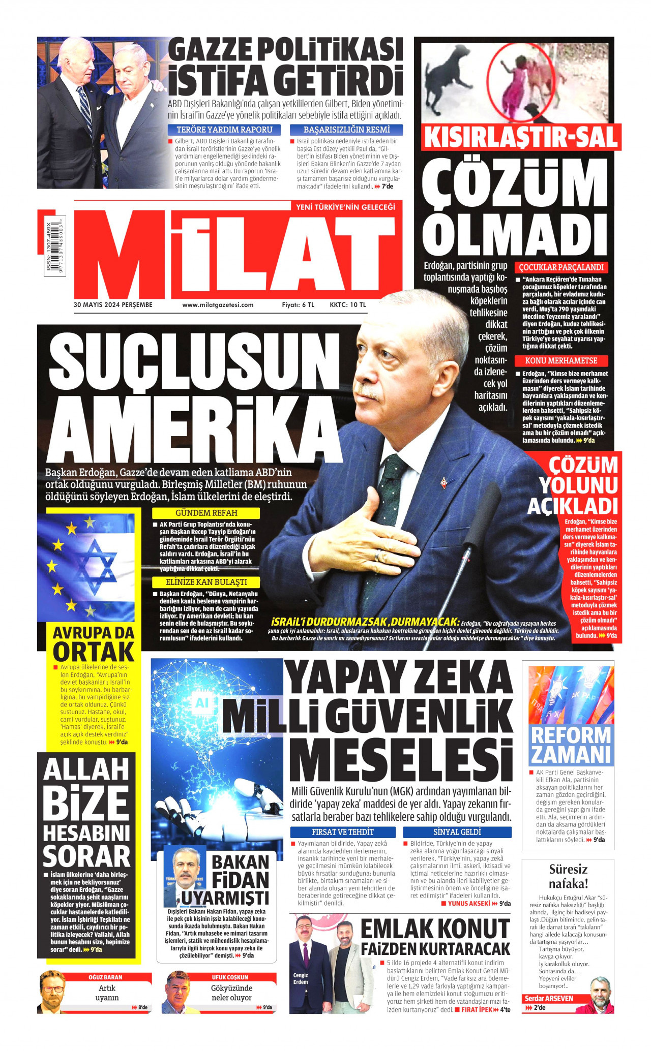 MİLAT gazetesinin 30 Mayıs 2024 tarihli birinci sayfası