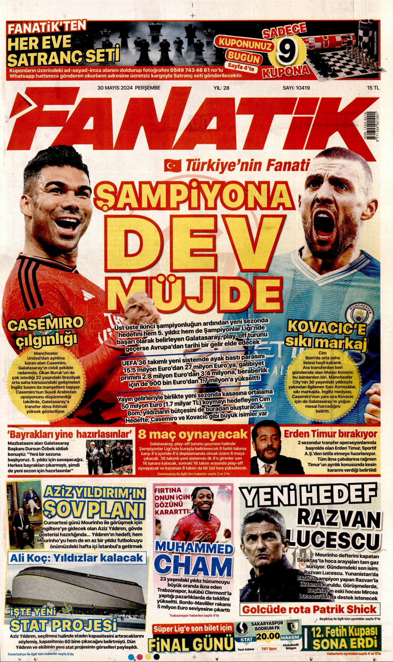 FANATİK gazetesinin 30 Mayıs 2024 tarihli birinci sayfası