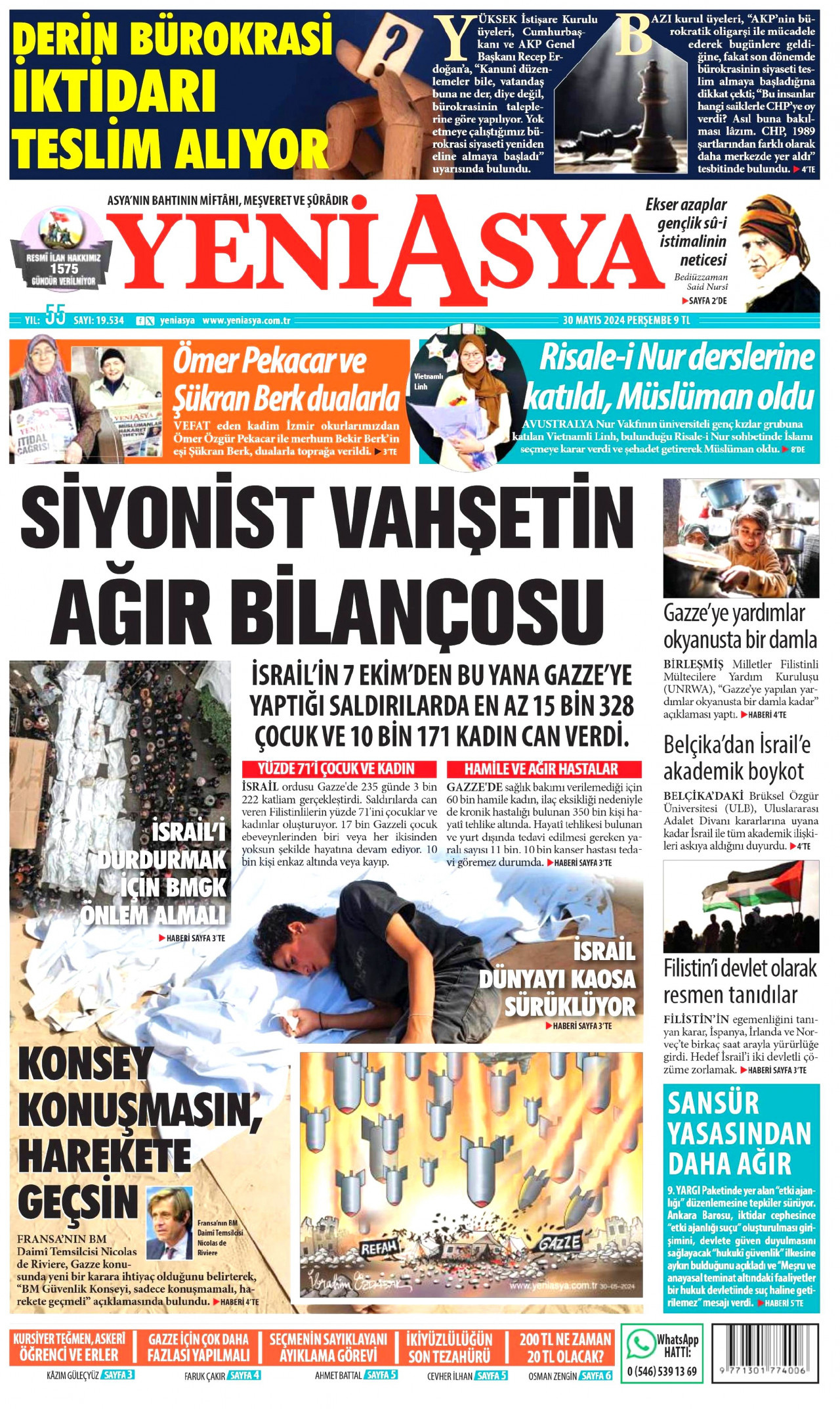 YENİ ASYA gazetesinin 30 Mayıs 2024 tarihli birinci sayfası
