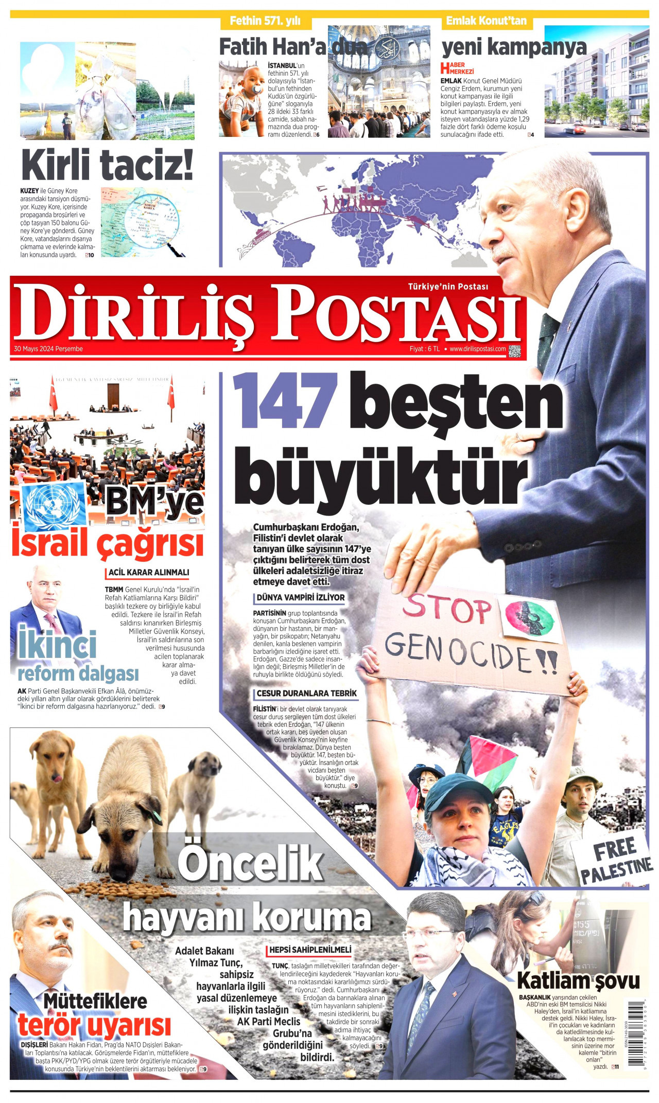 DİRİLİŞ POSTASI gazetesinin 30 Mayıs 2024 tarihli birinci sayfası