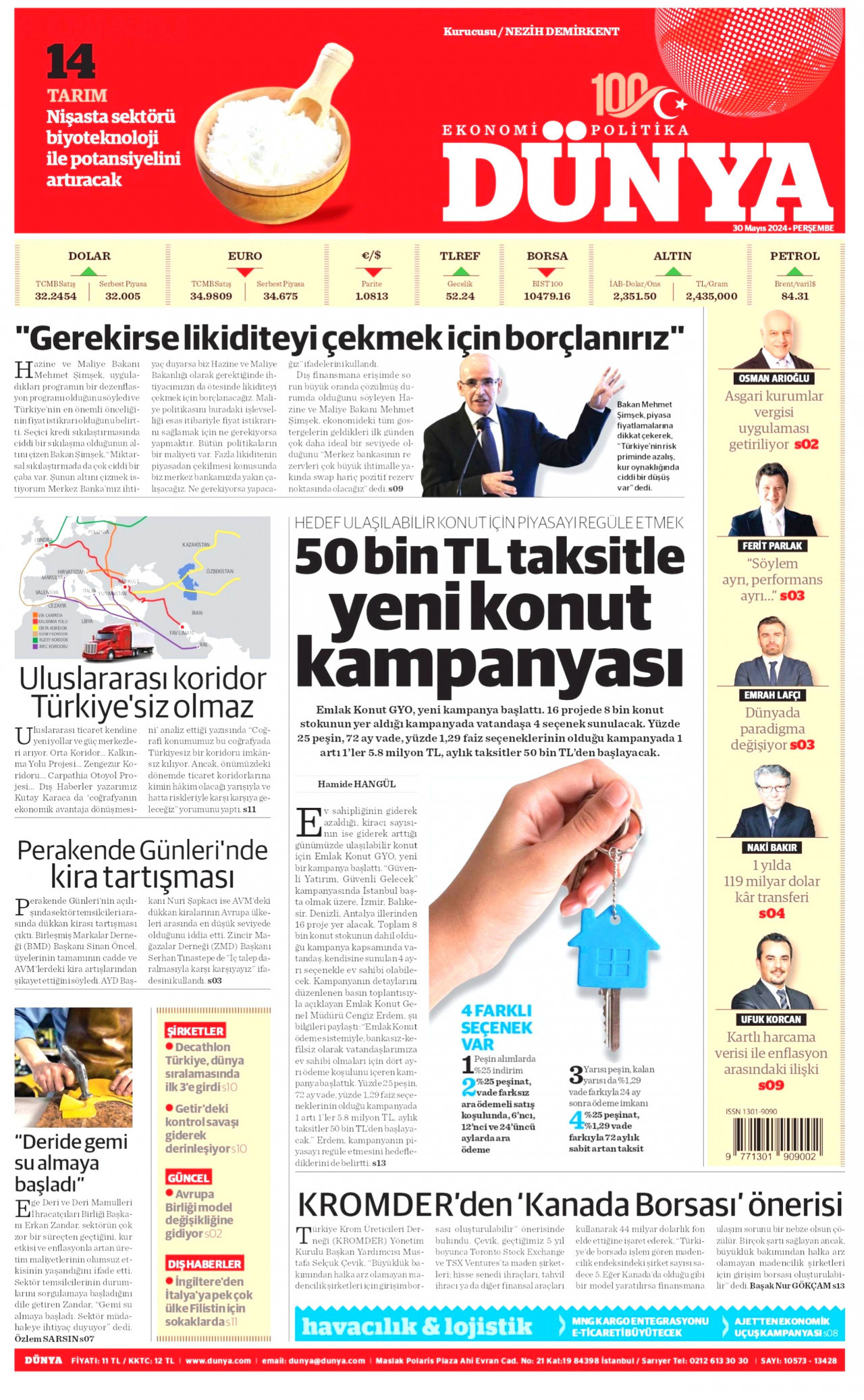 DÜNYA gazetesinin 30 Mayıs 2024 tarihli birinci sayfası