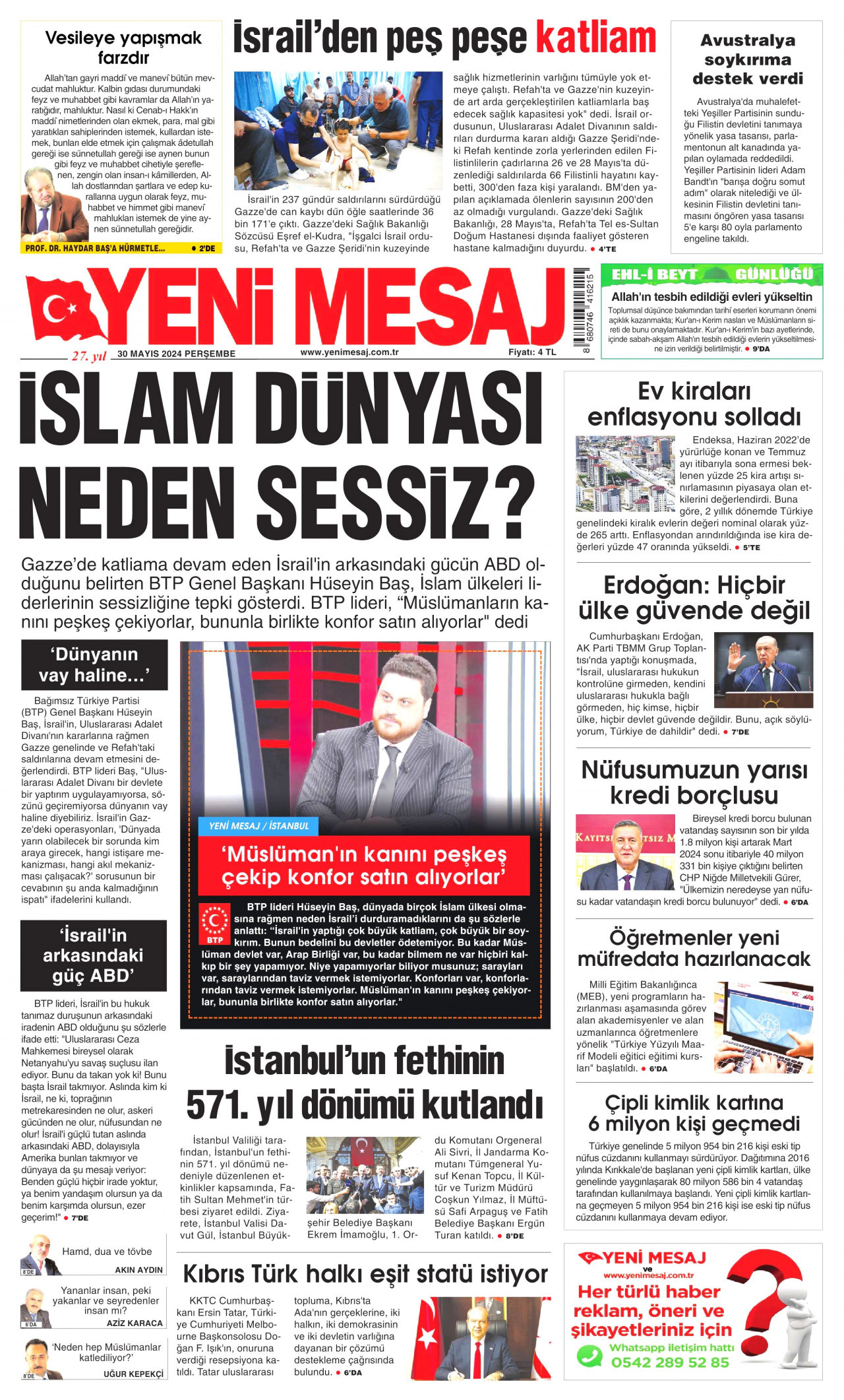 YENİ MESAJ gazetesinin 30 Mayıs 2024 tarihli birinci sayfası