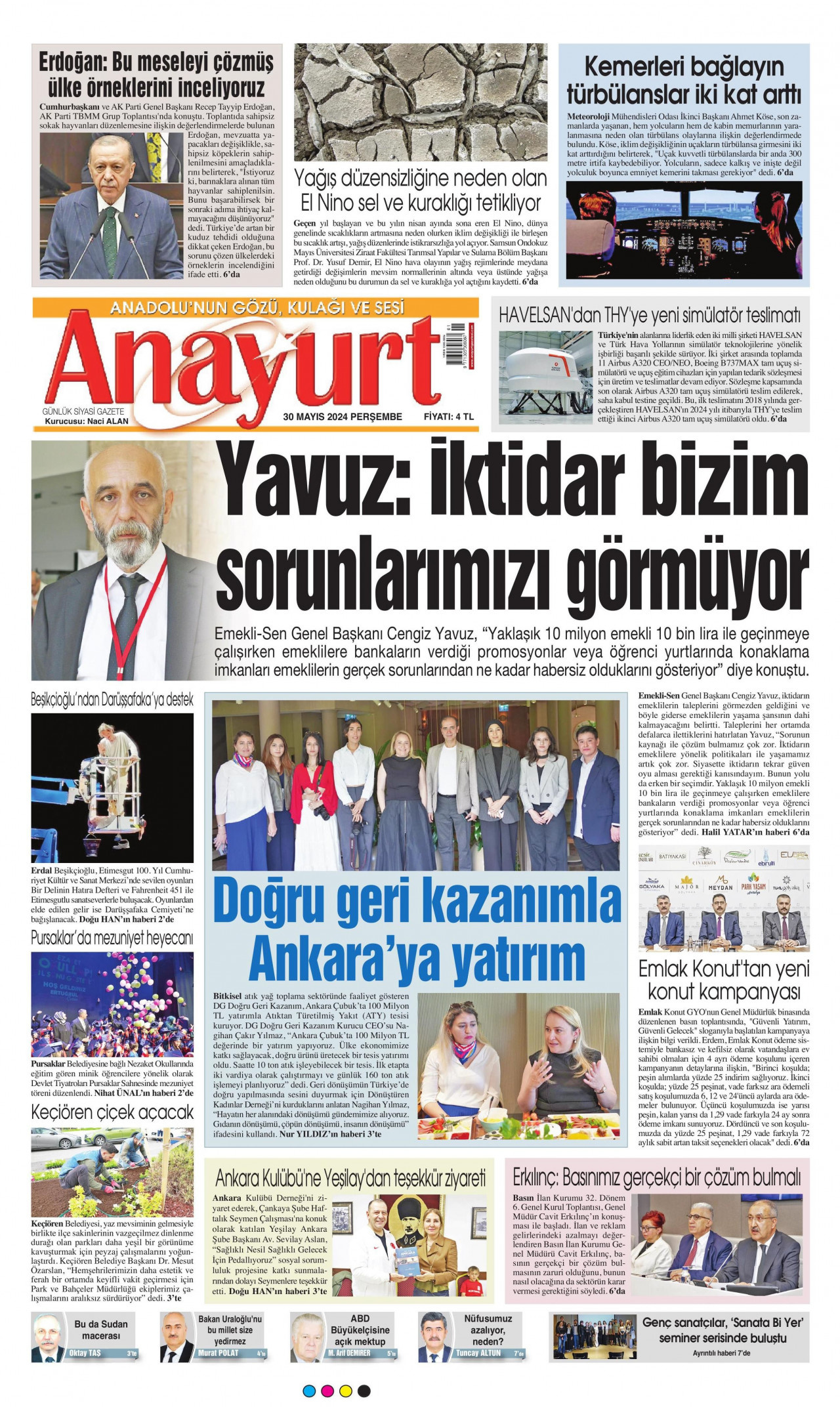 ANAYURT gazetesinin 30 Mayıs 2024 tarihli birinci sayfası