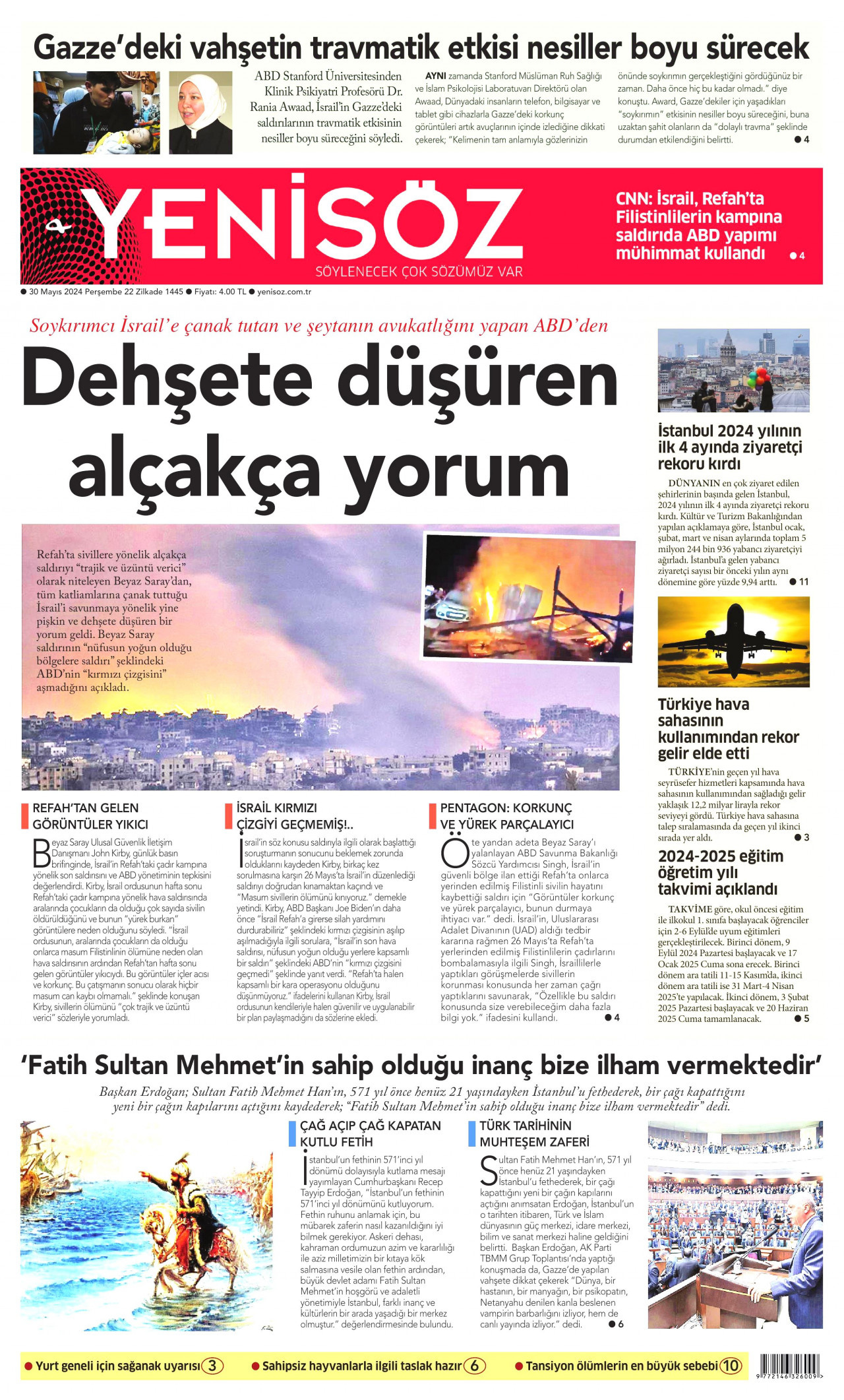 YENİ SÖZ GAZETESİ gazetesinin 30 Mayıs 2024 tarihli birinci sayfası