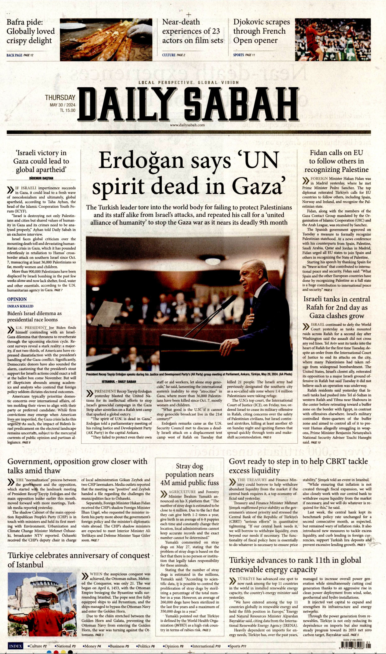 DAİLY SABAH gazetesinin 30 Mayıs 2024 tarihli birinci sayfası