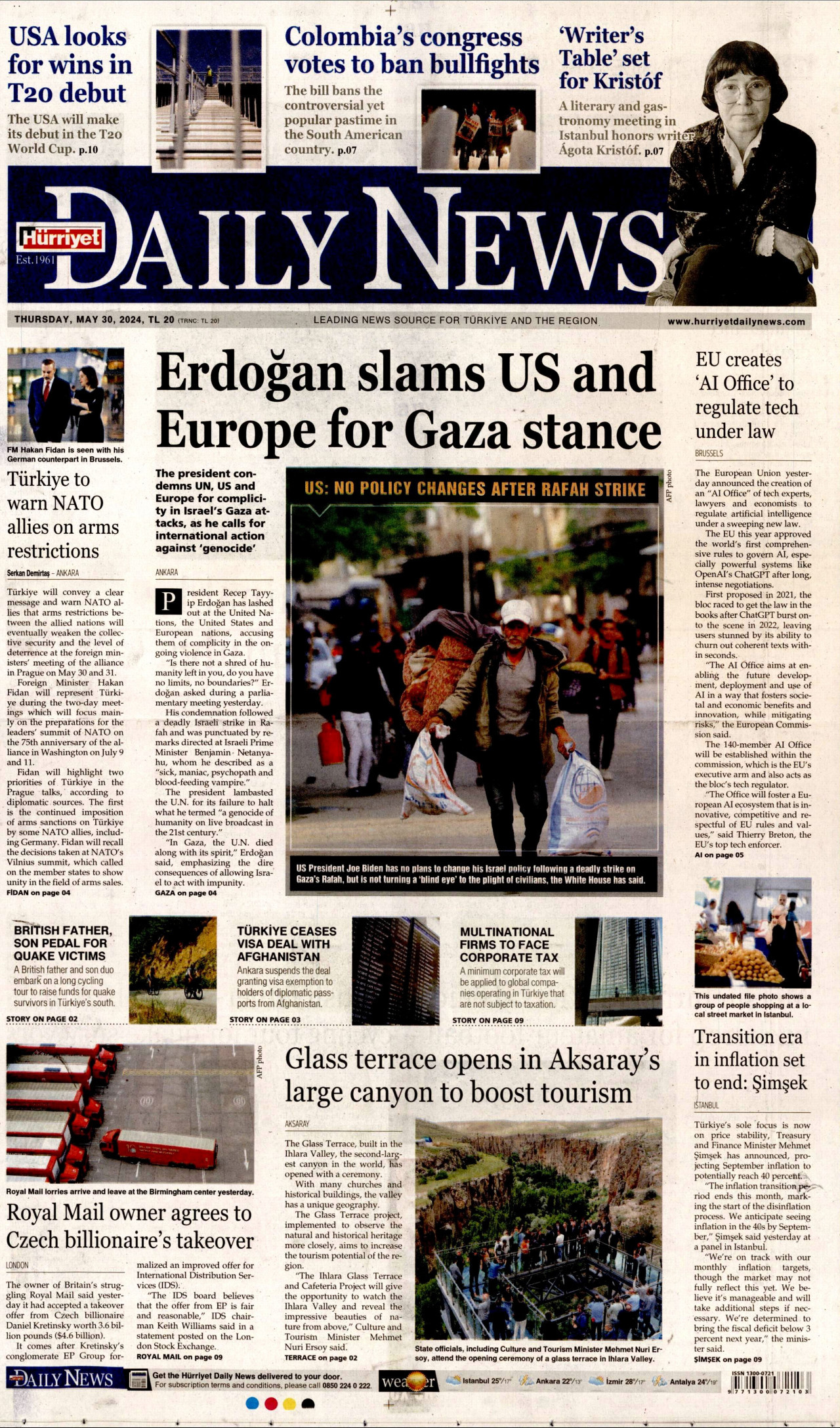 HÜRRİYET DAİLY NEWS gazetesinin 30 Mayıs 2024 tarihli birinci sayfası