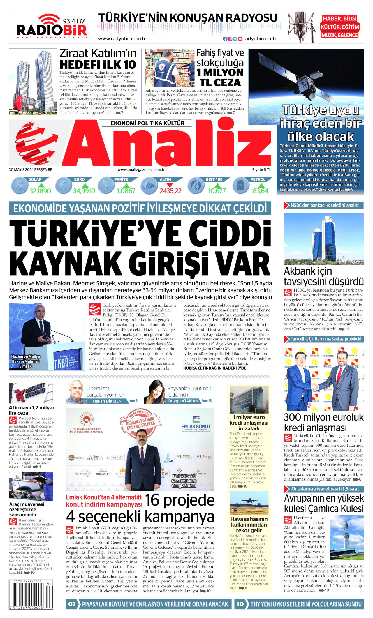 ANALİZ gazetesinin 30 Mayıs 2024 tarihli birinci sayfası