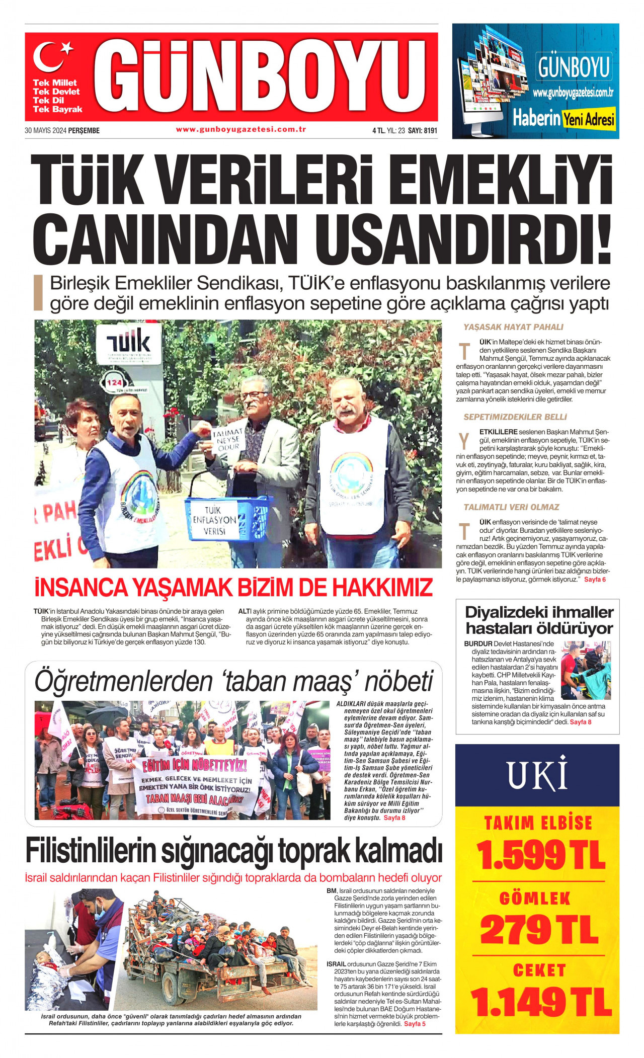 GÜNBOYU gazetesinin 30 Mayıs 2024 tarihli birinci sayfası