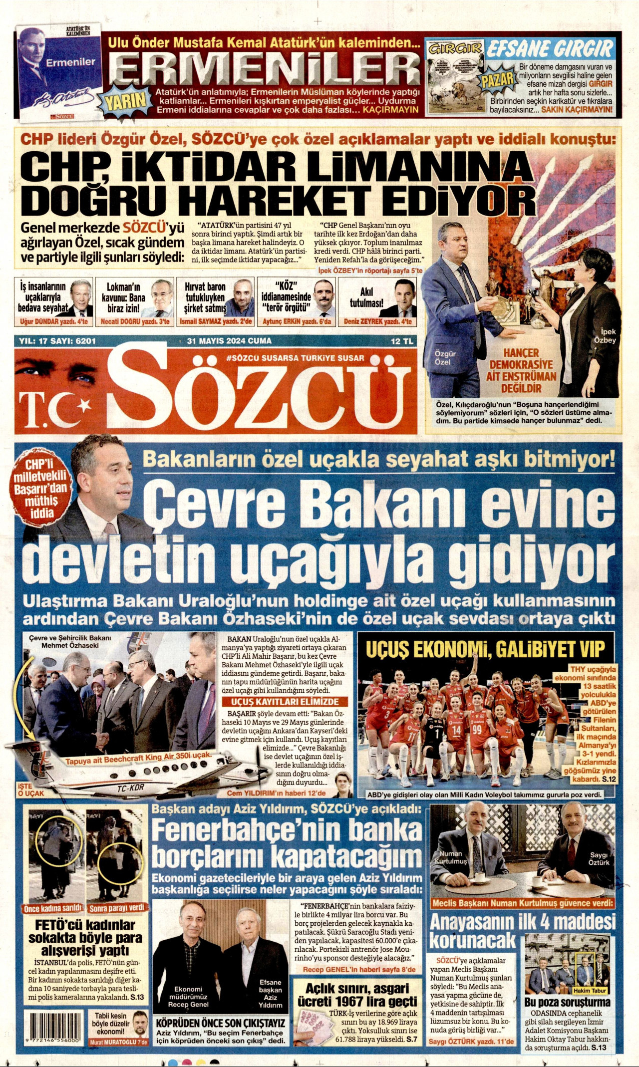 SÖZCÜ gazetesinin 31 Mayıs 2024 tarihli birinci sayfası