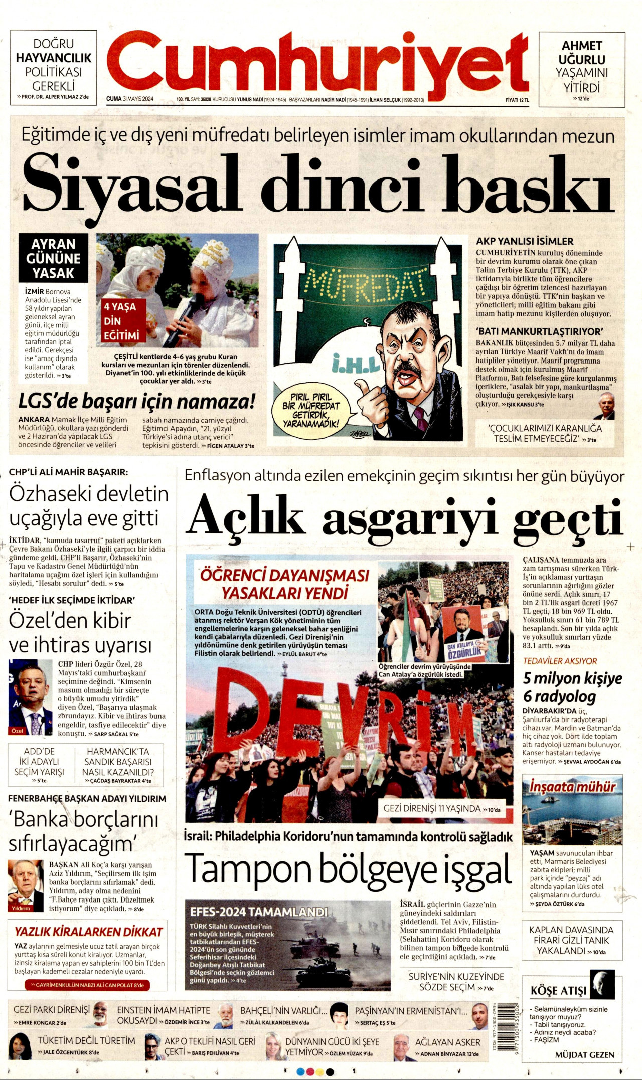 CUMHURİYET gazetesinin 31 Mayıs 2024 tarihli birinci sayfası