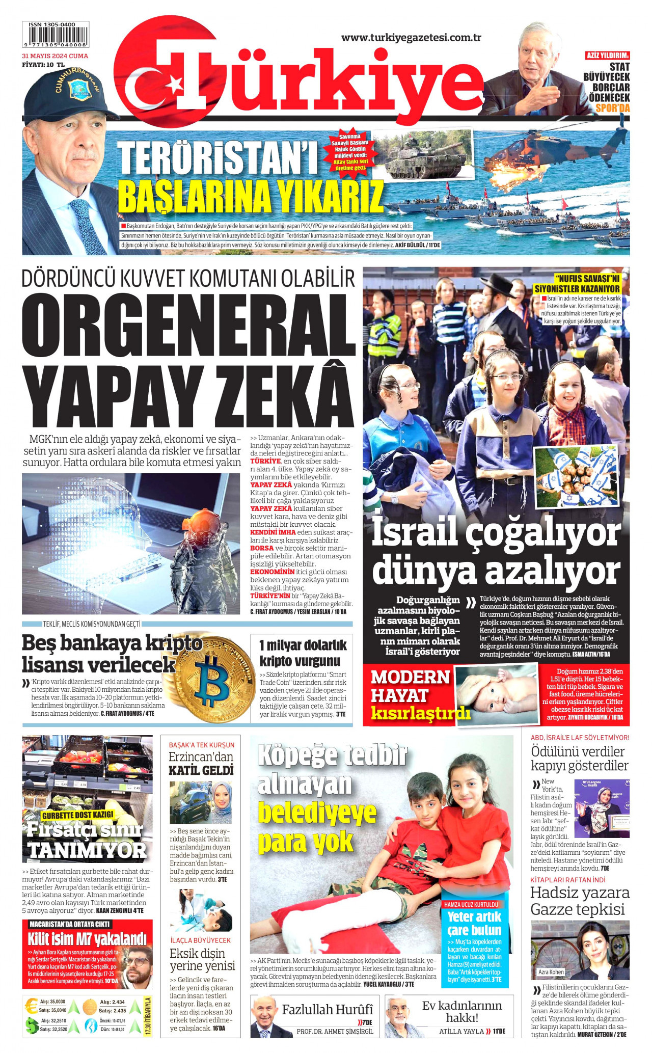 TÜRKİYE GAZETESİ gazetesinin 31 Mayıs 2024 tarihli birinci sayfası
