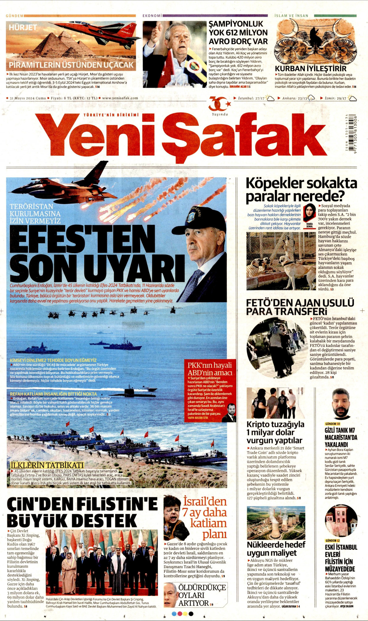 YENİ ŞAFAK gazetesinin 31 Mayıs 2024 tarihli birinci sayfası