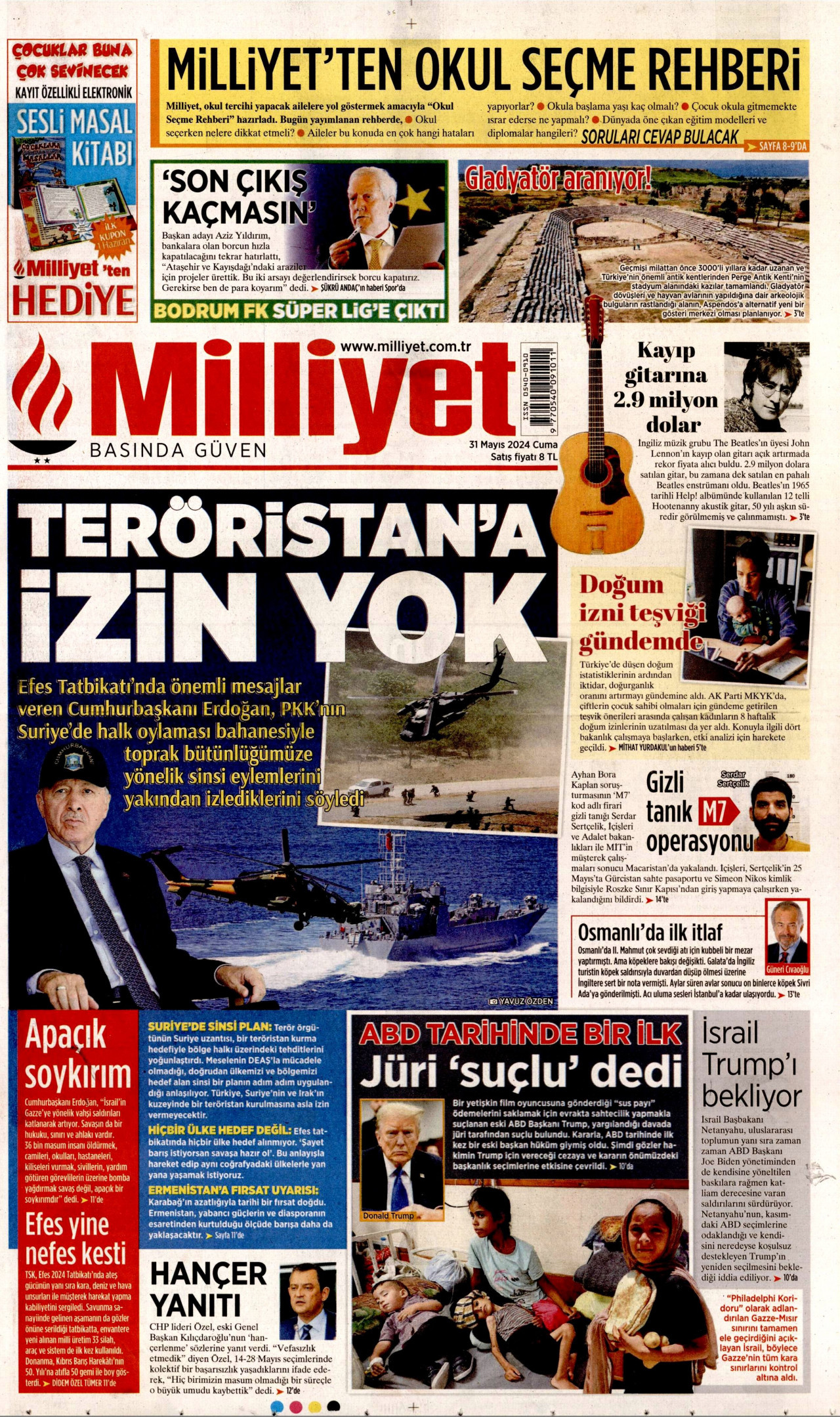MİLLİYET gazetesinin 31 Mayıs 2024 tarihli birinci sayfası