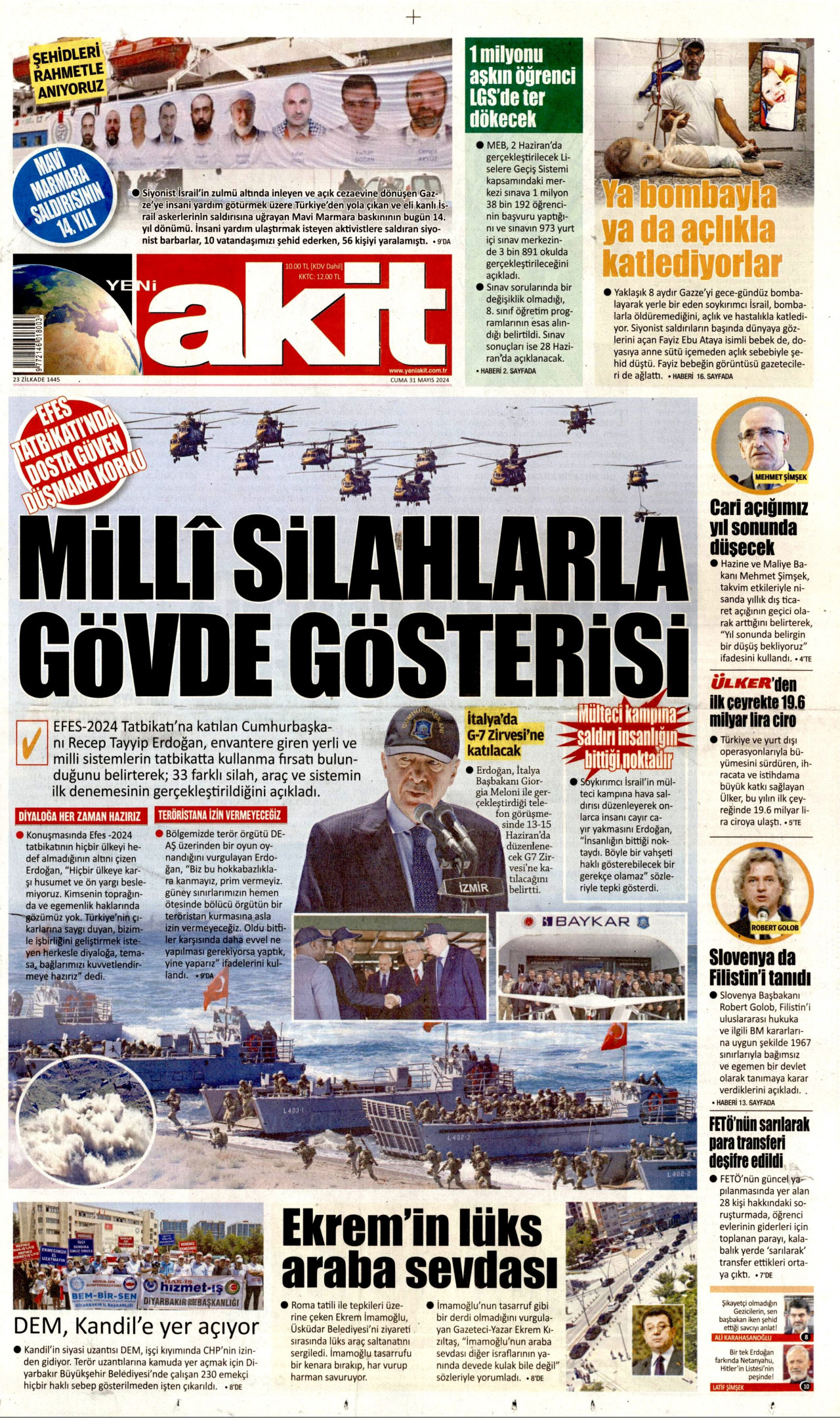 YENİ AKİT gazetesinin 31 Mayıs 2024 tarihli birinci sayfası