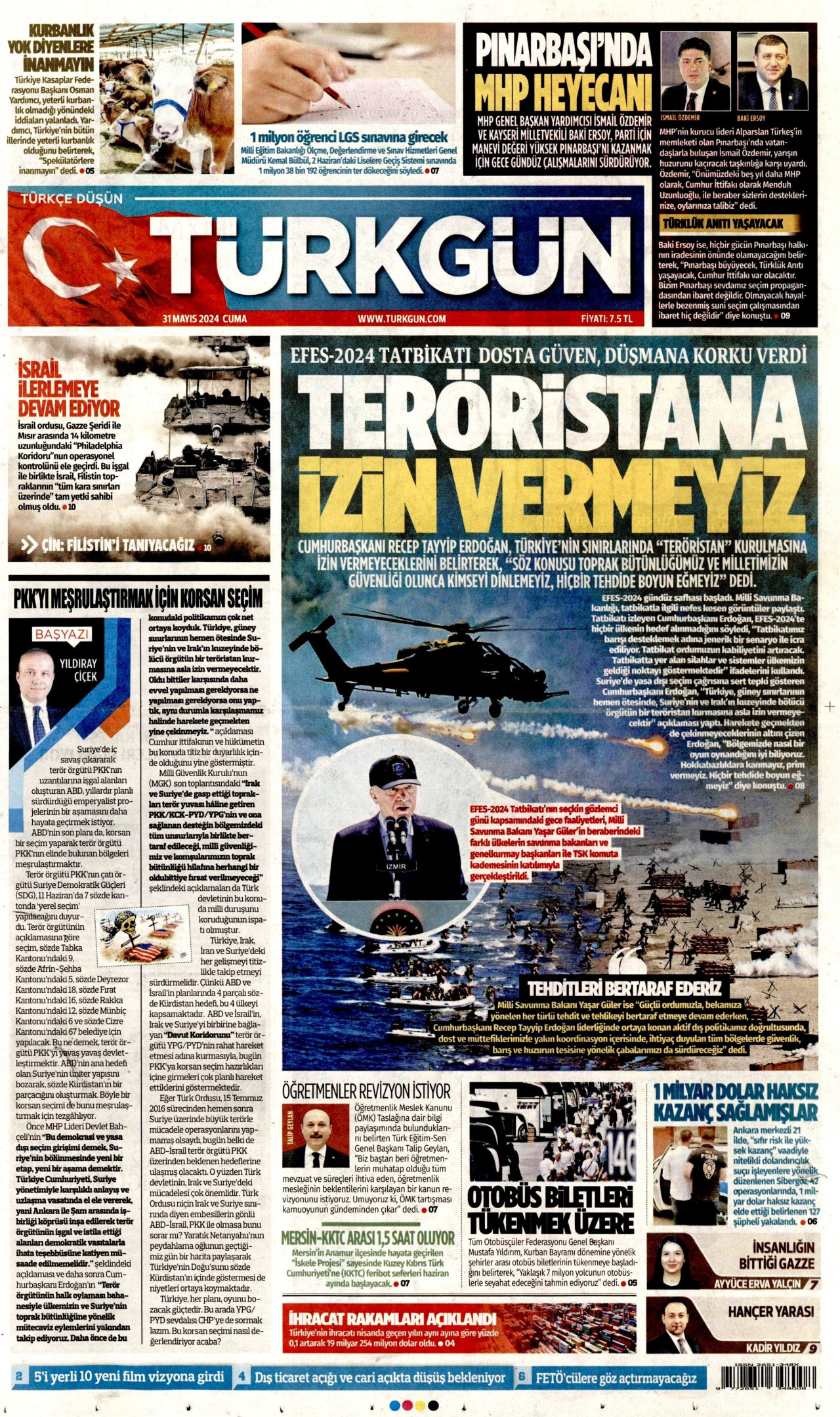 TÜRKGÜN gazetesinin 31 Mayıs 2024 tarihli birinci sayfası