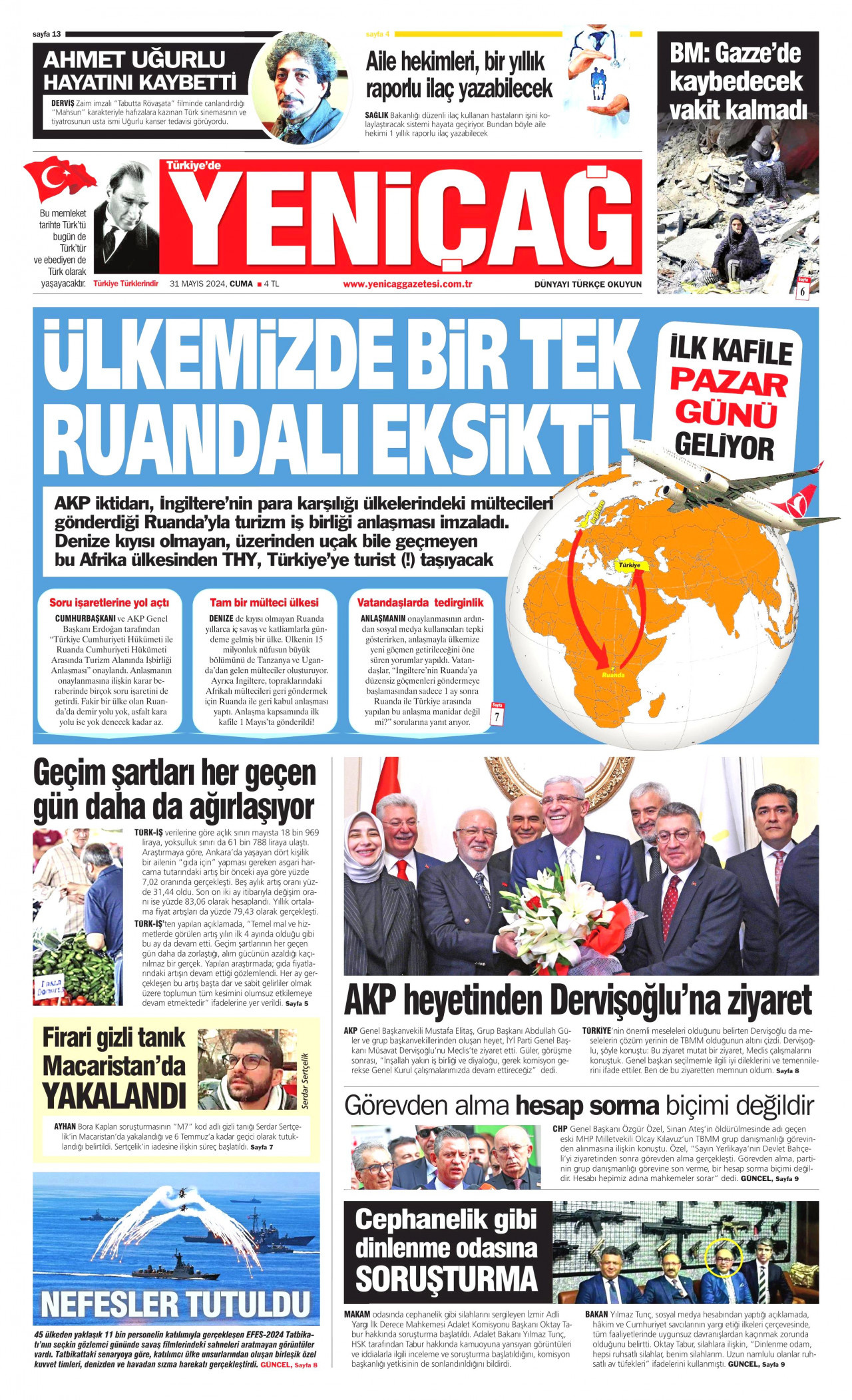 YENİÇAĞ gazetesinin 31 Mayıs 2024 tarihli birinci sayfası