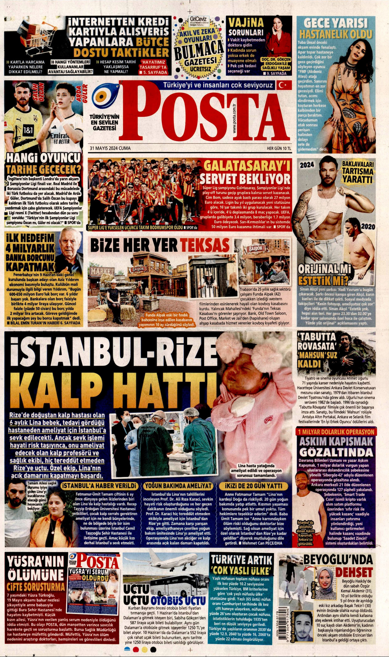 POSTA gazetesinin 31 Mayıs 2024 tarihli birinci sayfası