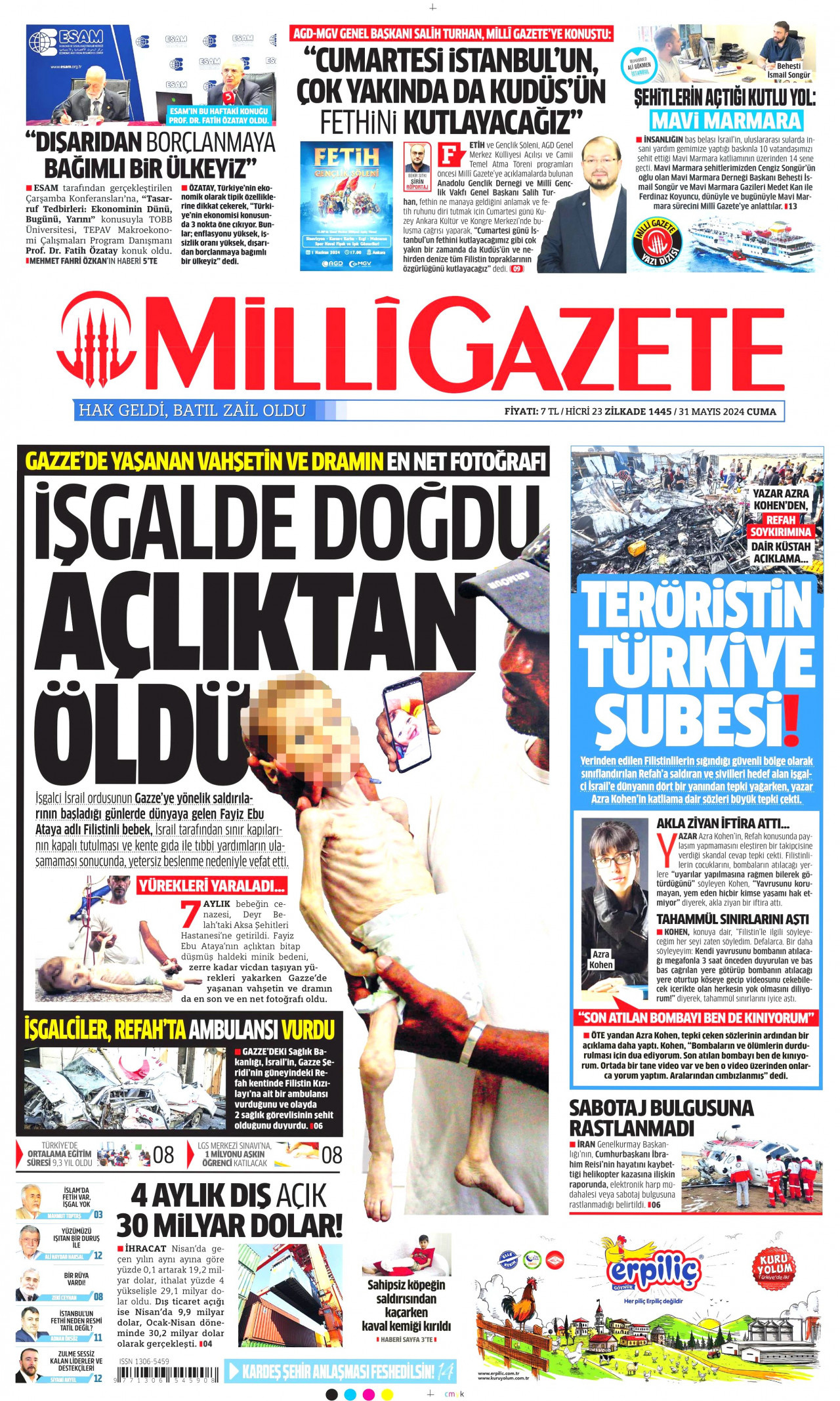 MİLLİ GAZETE gazetesinin 31 Mayıs 2024 tarihli birinci sayfası