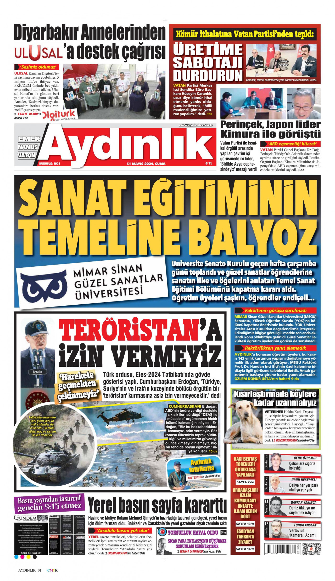 AYDINLIK GAZETESİ gazetesinin 31 Mayıs 2024 tarihli birinci sayfası