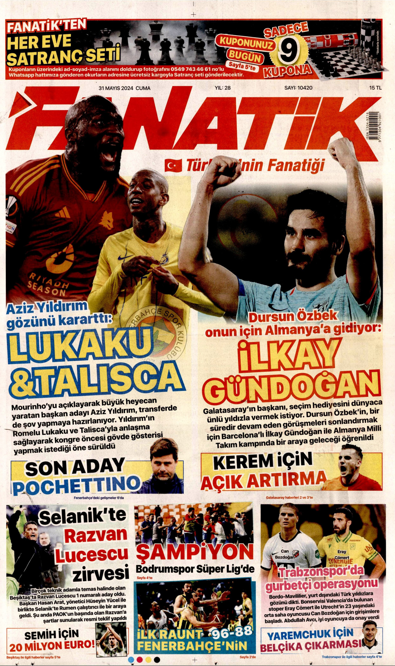 FANATİK gazetesinin 31 Mayıs 2024 tarihli birinci sayfası