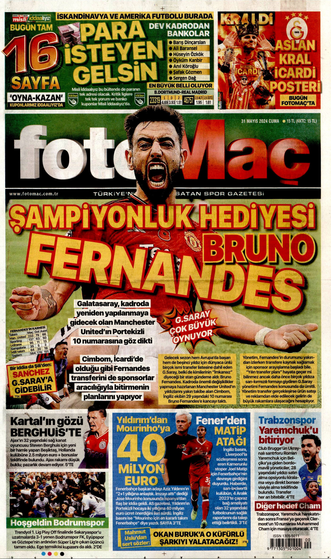 FOTOMAÇ gazetesinin 31 Mayıs 2024 tarihli birinci sayfası
