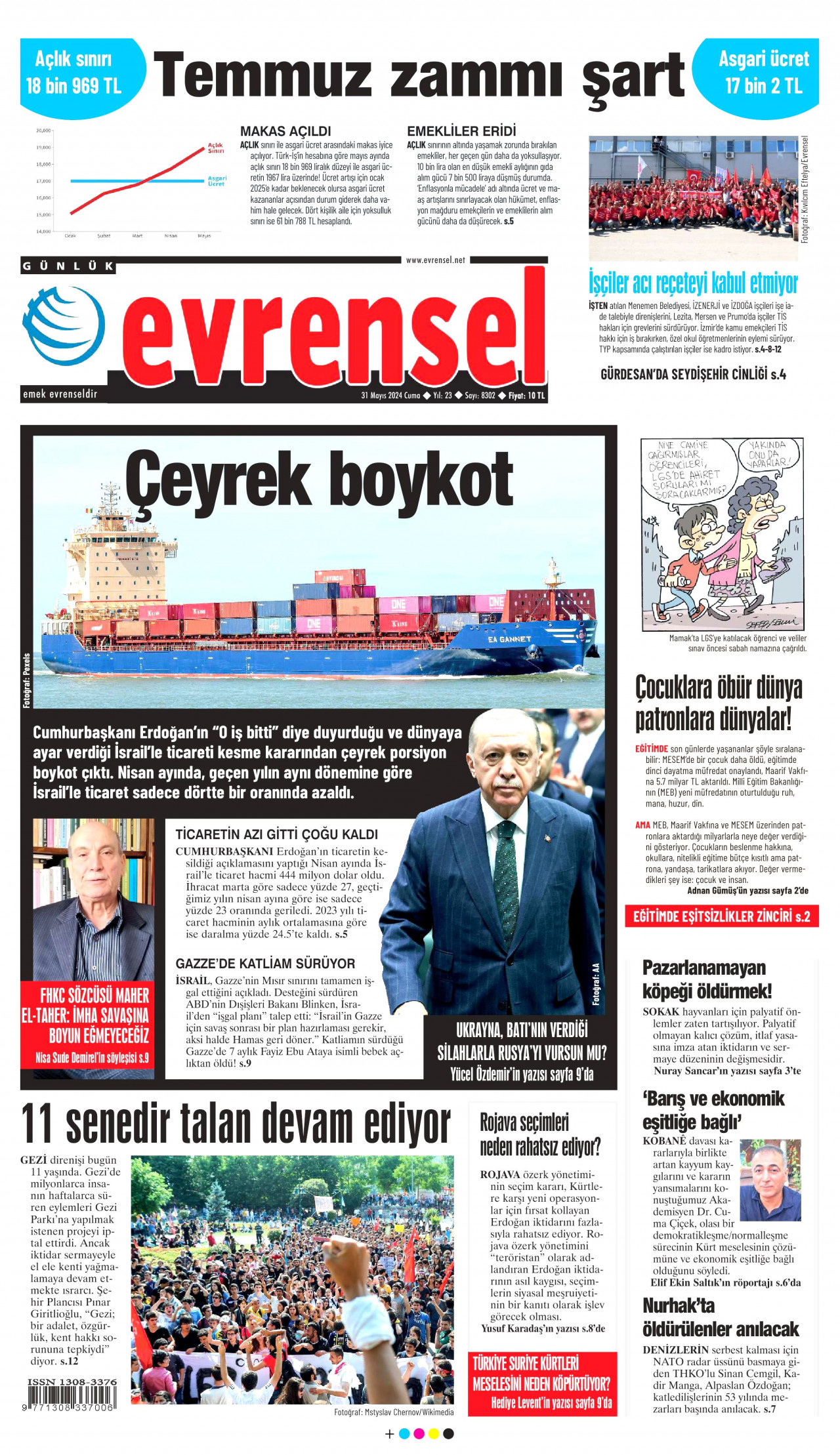 EVRENSEL gazetesinin 31 Mayıs 2024 tarihli birinci sayfası