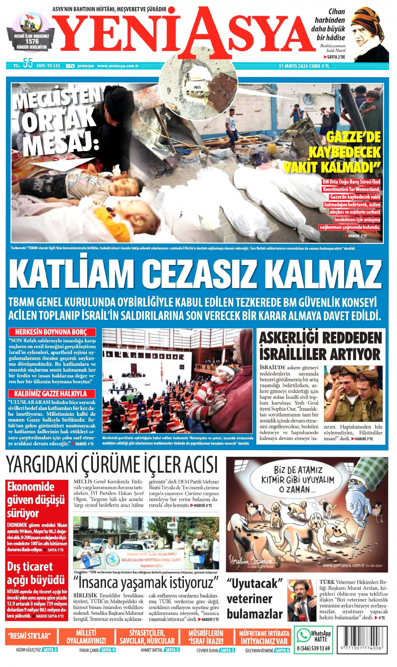 YENİ ASYA gazetesinin 31 Mayıs 2024 tarihli birinci sayfası