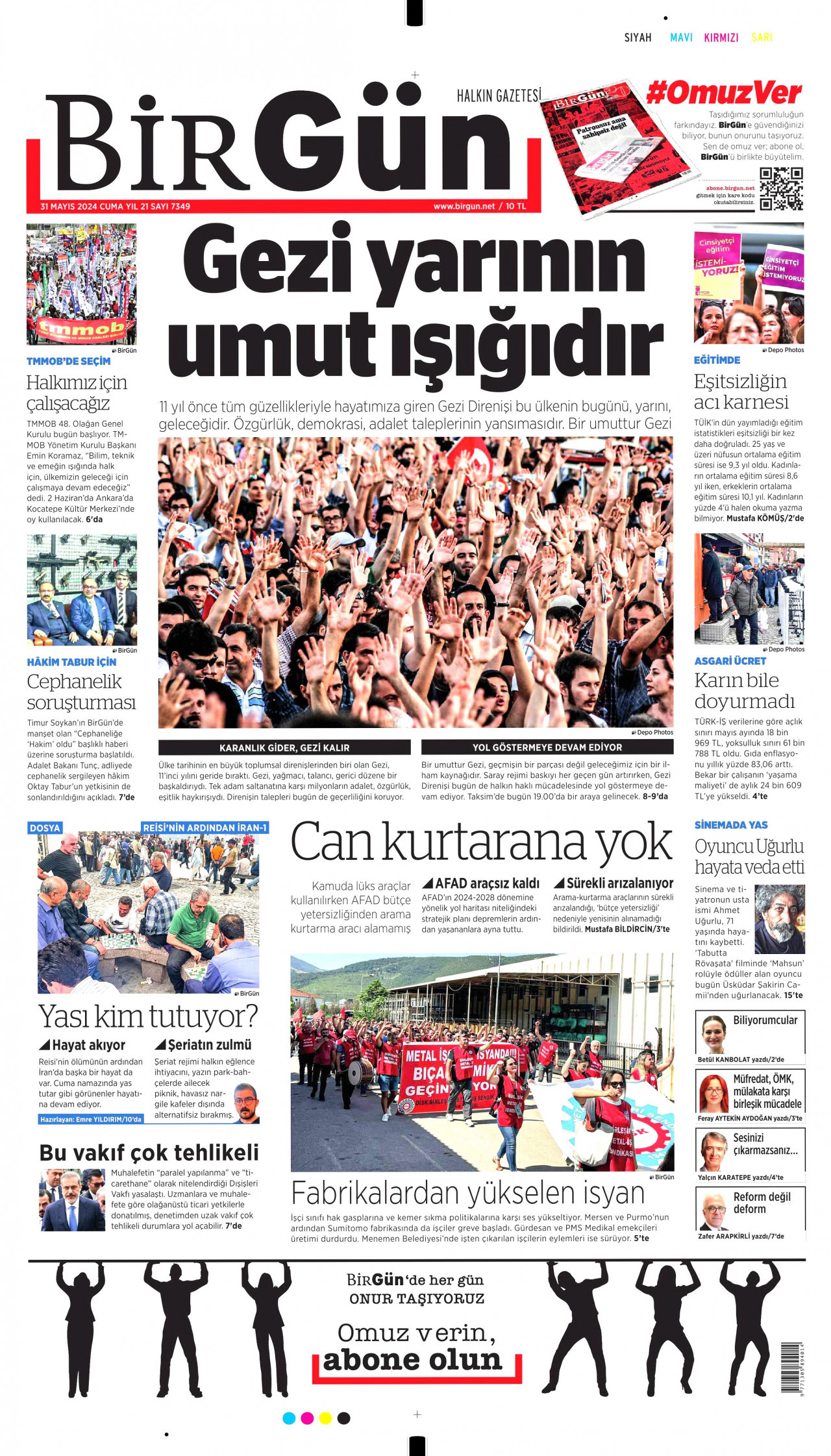 BİRGÜN gazetesinin 31 Mayıs 2024 tarihli birinci sayfası