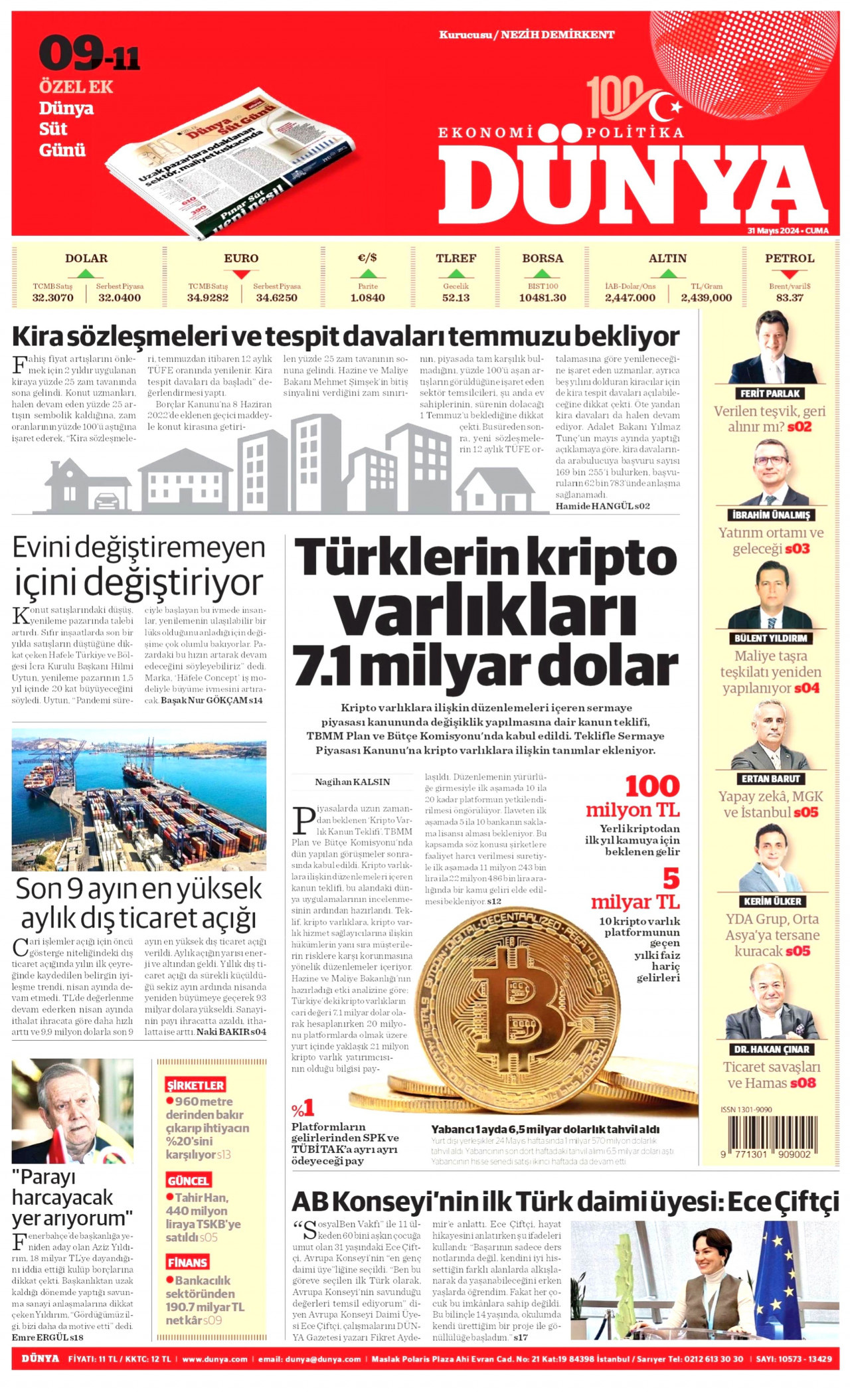 DÜNYA gazetesinin 31 Mayıs 2024 tarihli birinci sayfası