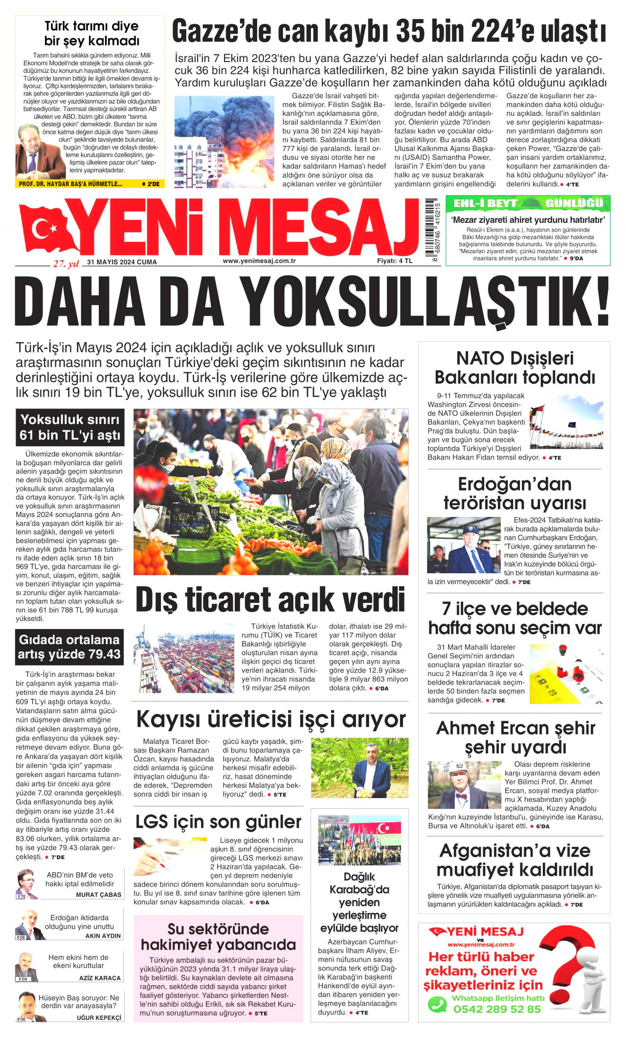 YENİ MESAJ gazetesinin 31 Mayıs 2024 tarihli birinci sayfası